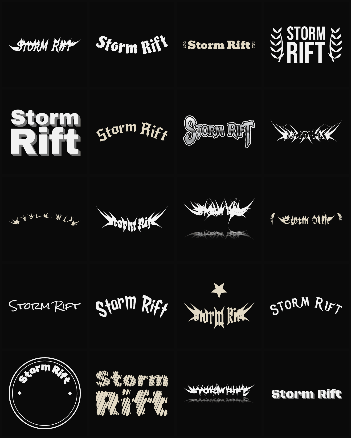 Twenty Storm Rift band logo ideas — different faces, treatments and spike settings