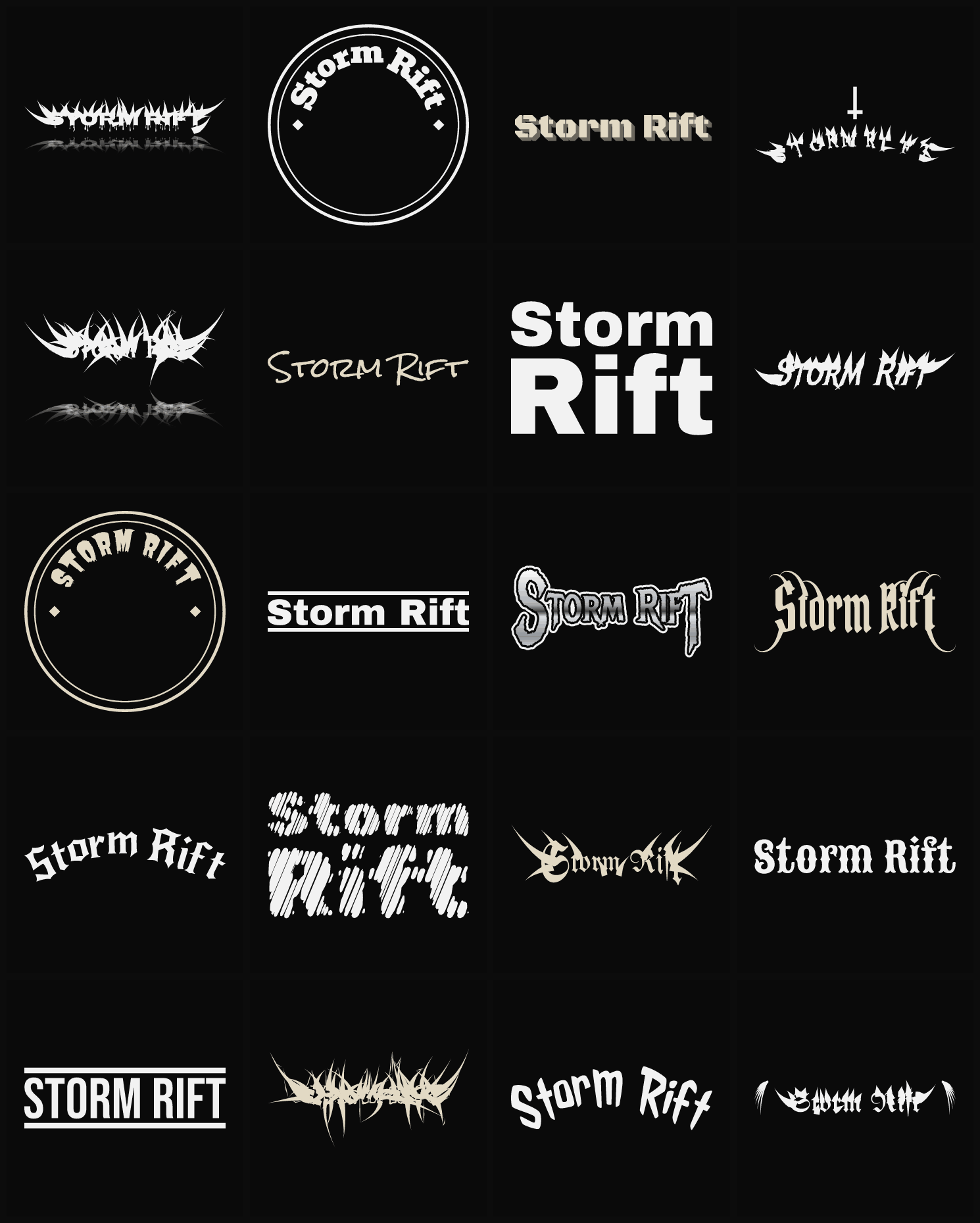 Twenty Storm Rift band logo ideas — different faces, treatments and spike settings