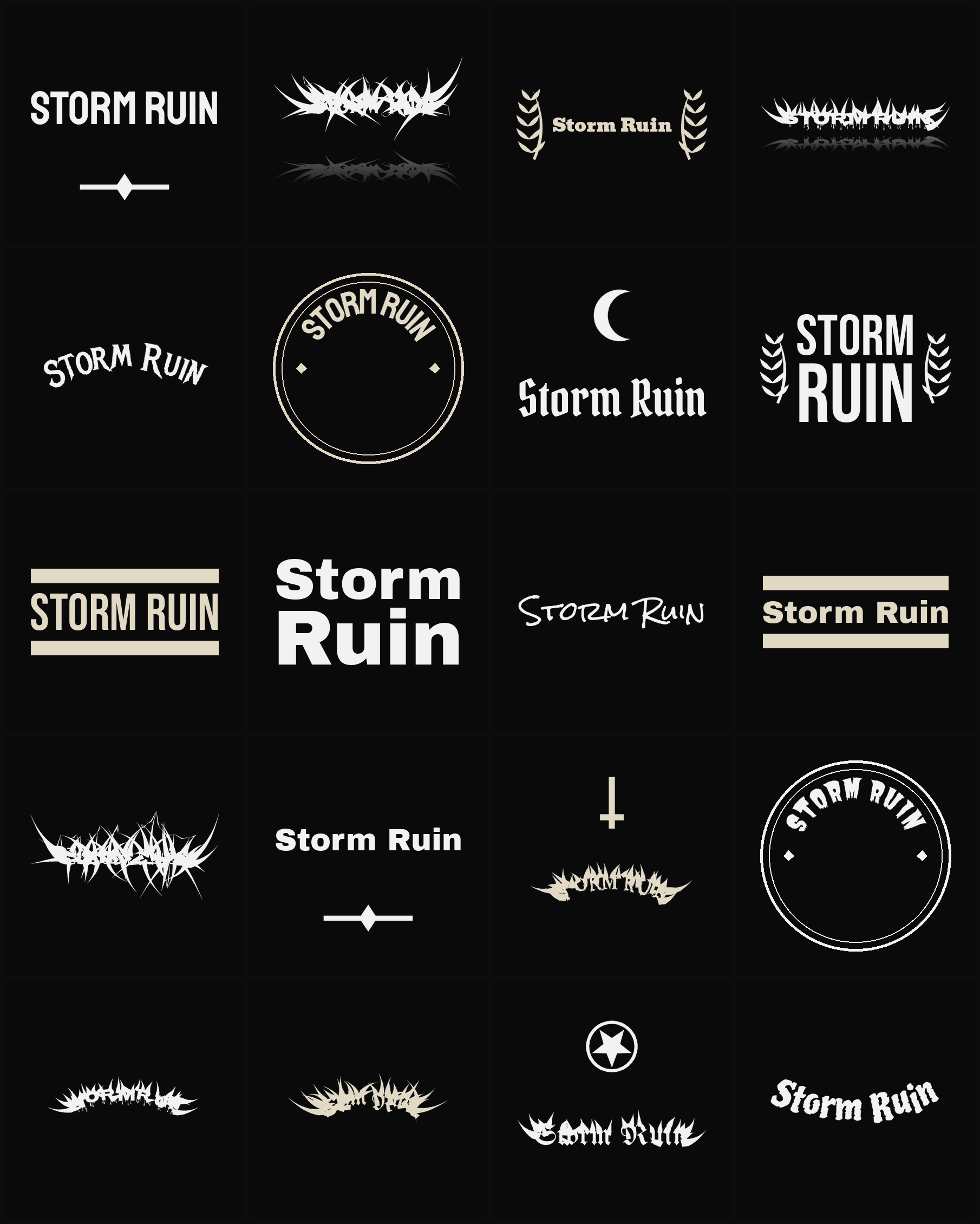 Twenty Storm Ruin band logo ideas — different faces, treatments and spike settings
