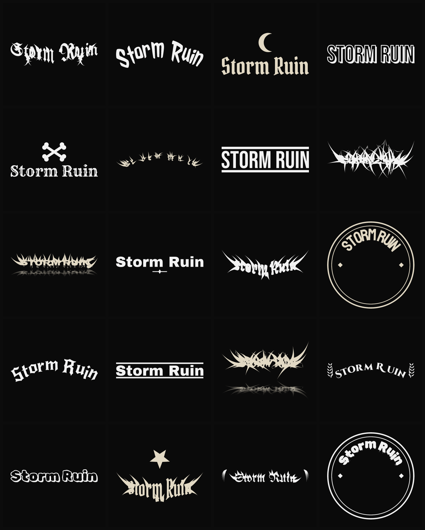 Twenty Storm Ruin band logo ideas — different faces, treatments and spike settings