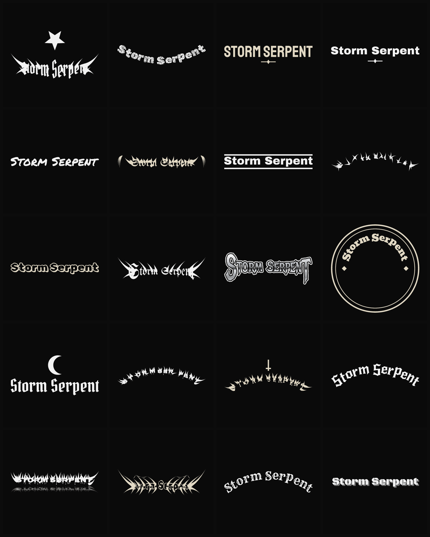 Twenty Storm Serpent band logo ideas — different faces, treatments and spike settings
