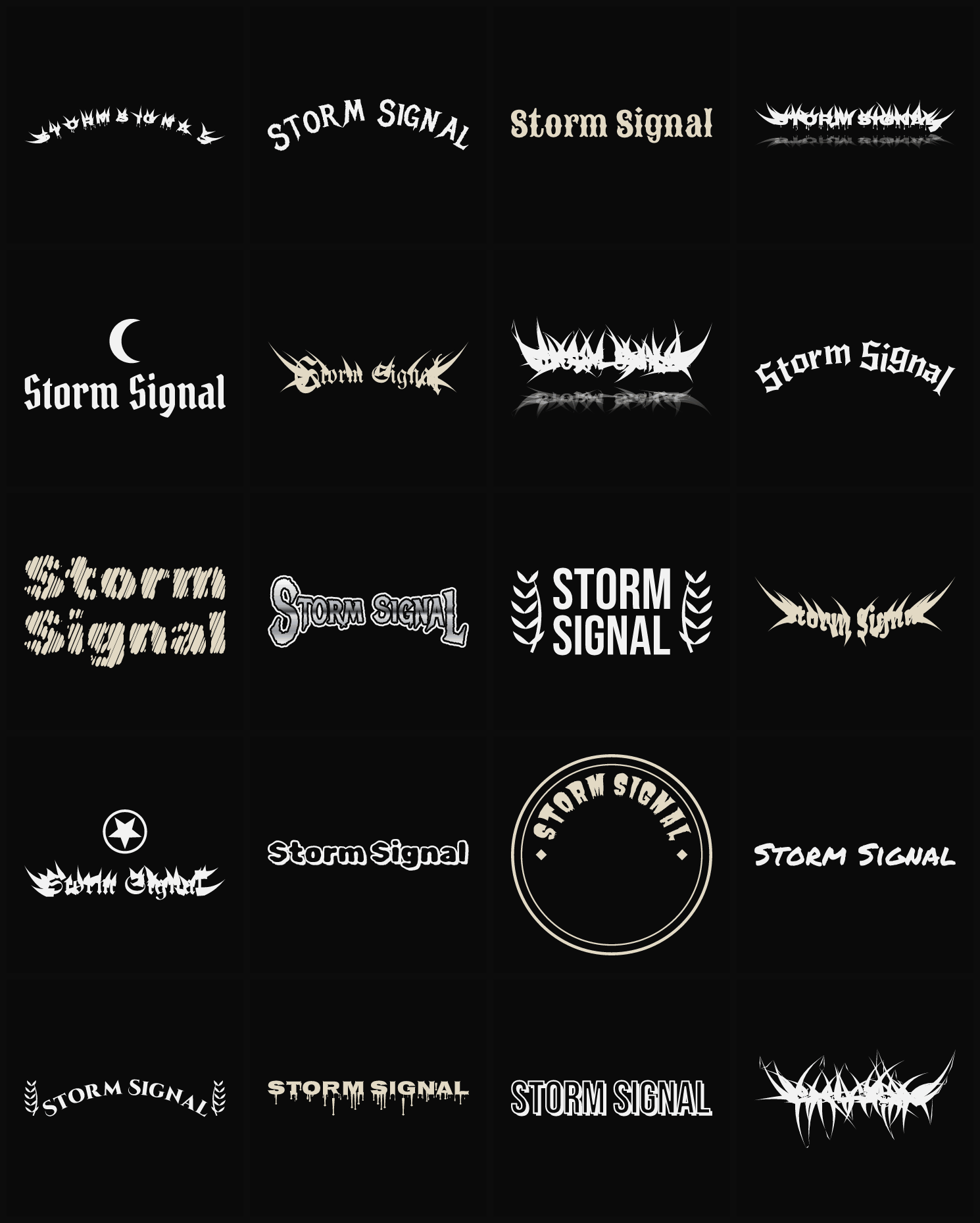 Twenty Storm Signal band logo ideas — different faces, treatments and spike settings