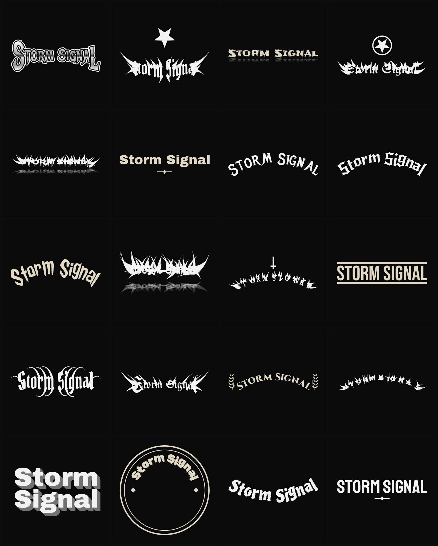 Twenty Storm Signal band logo ideas — different faces, treatments and spike settings