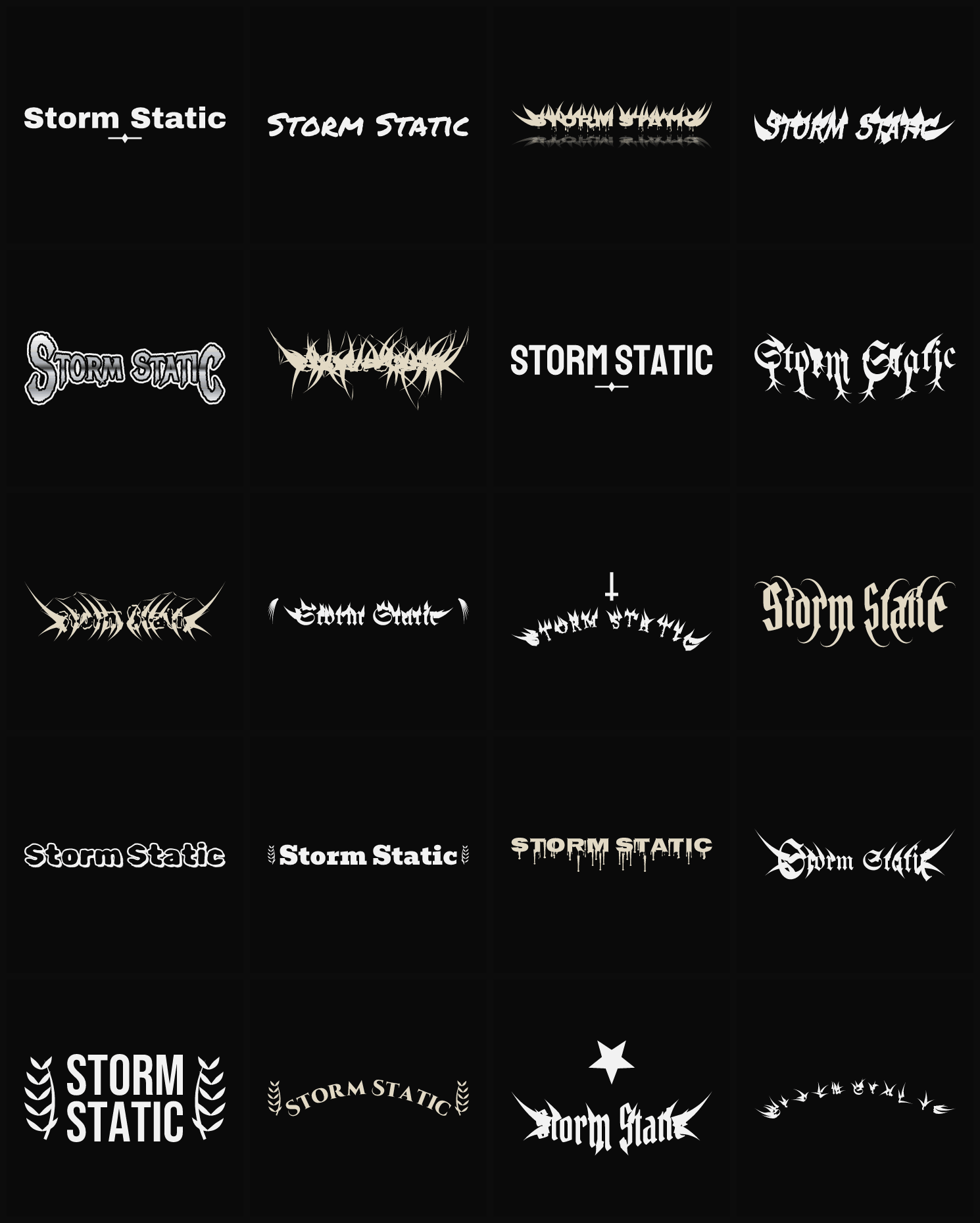 Twenty Storm Static band logo ideas — different faces, treatments and spike settings