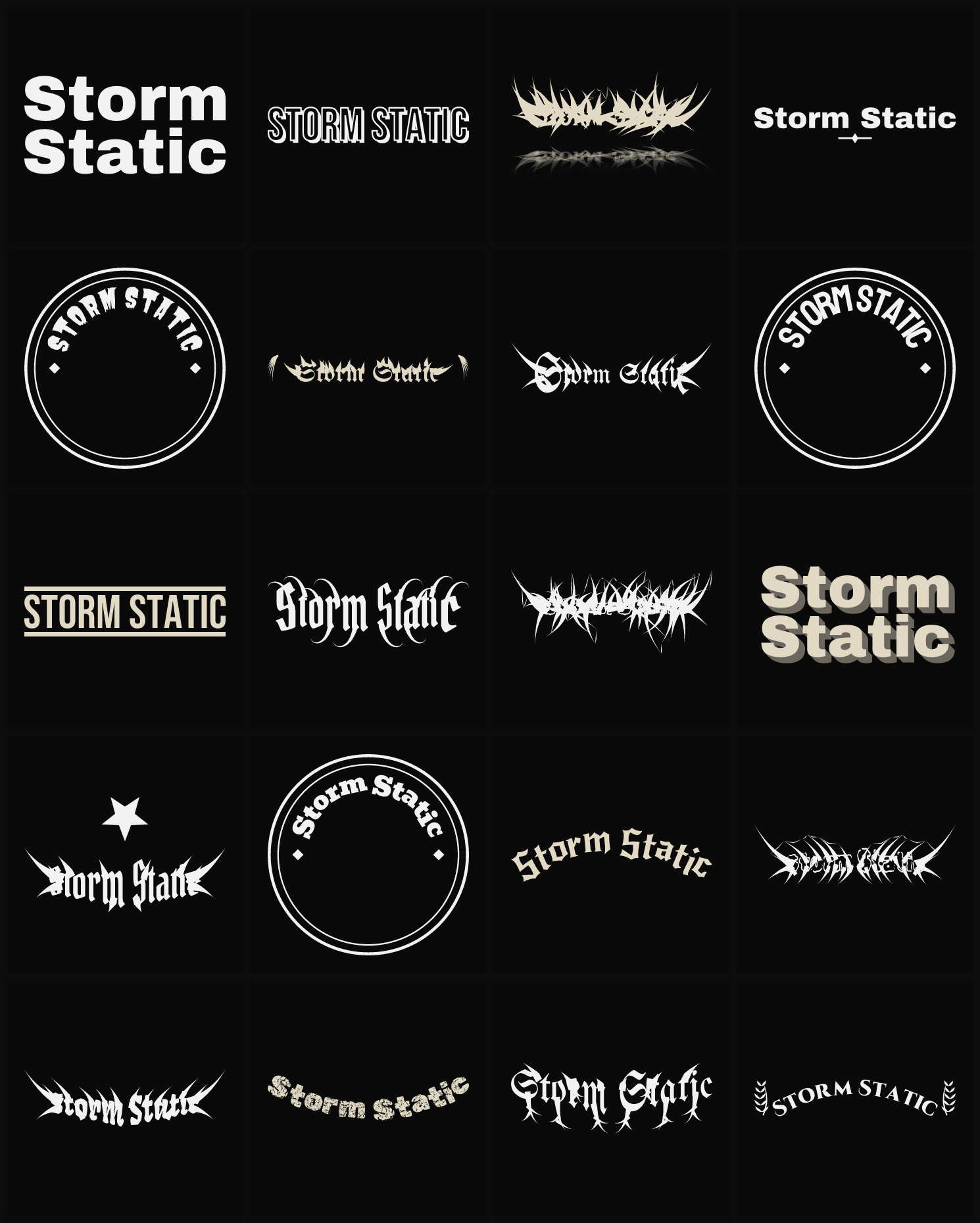 Twenty Storm Static band logo ideas — different faces, treatments and spike settings