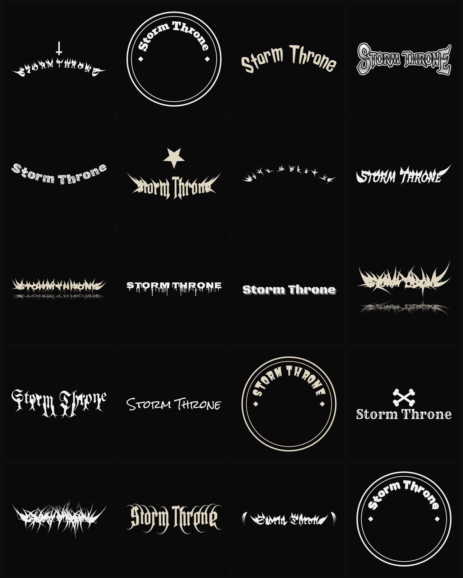 Twenty Storm Throne band logo ideas — different faces, treatments and spike settings