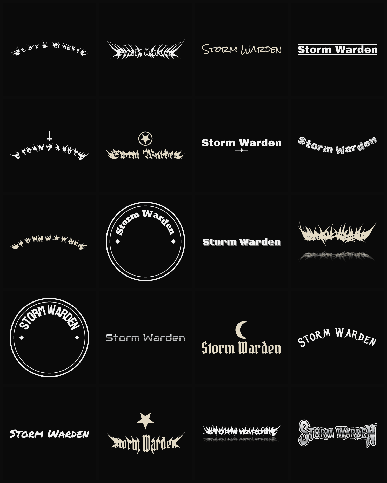 Twenty Storm Warden band logo ideas — different faces, treatments and spike settings