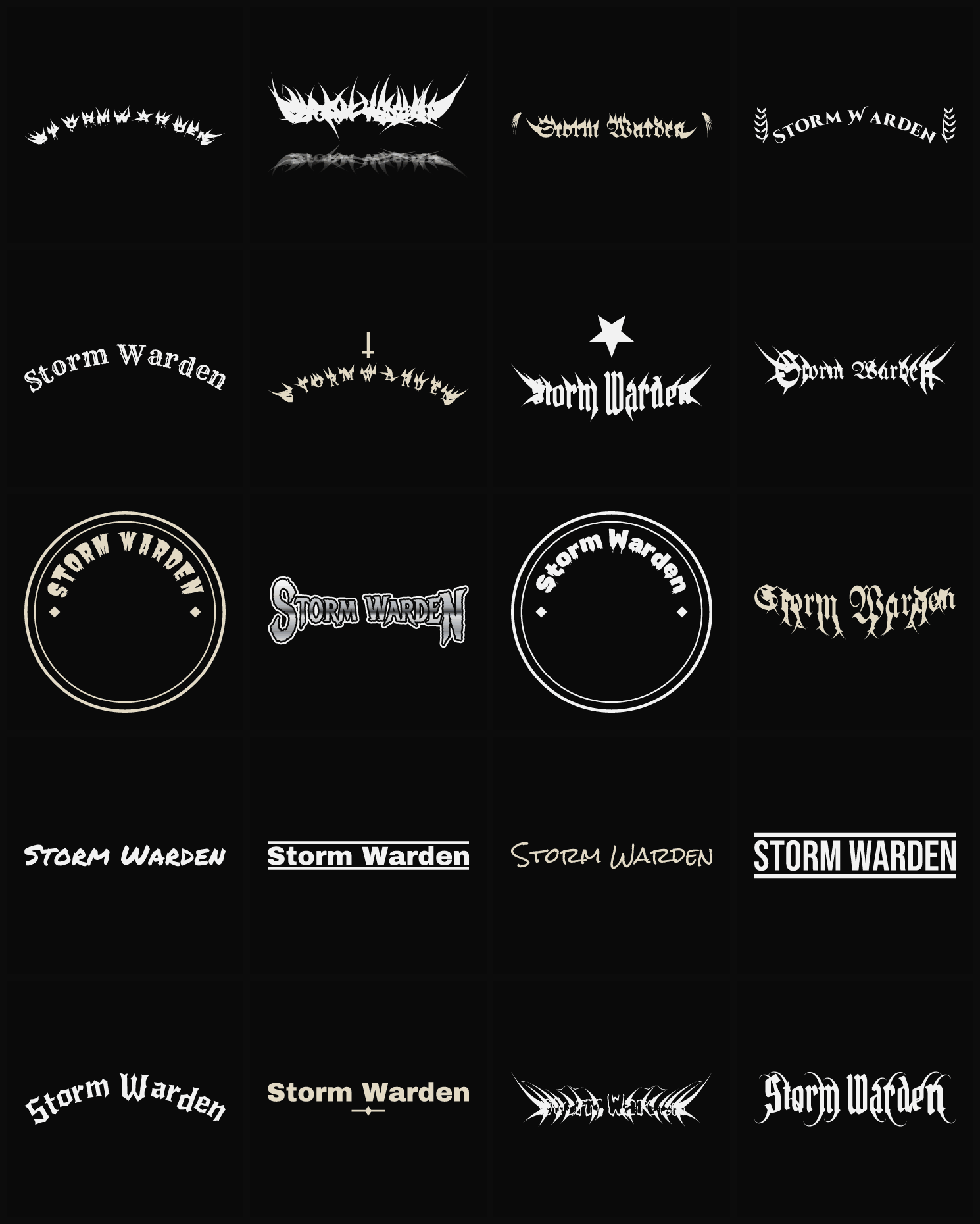 Twenty Storm Warden band logo ideas — different faces, treatments and spike settings