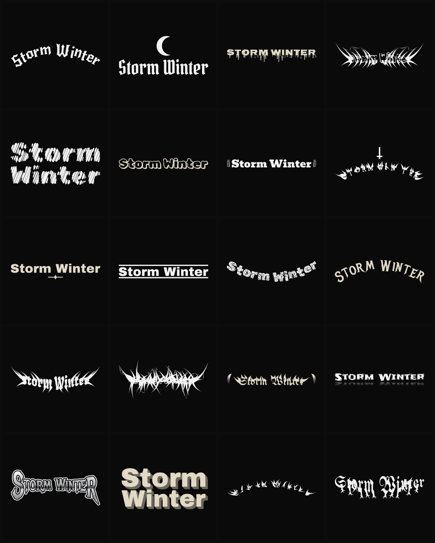 Twenty Storm Winter band logo ideas — different faces, treatments and spike settings