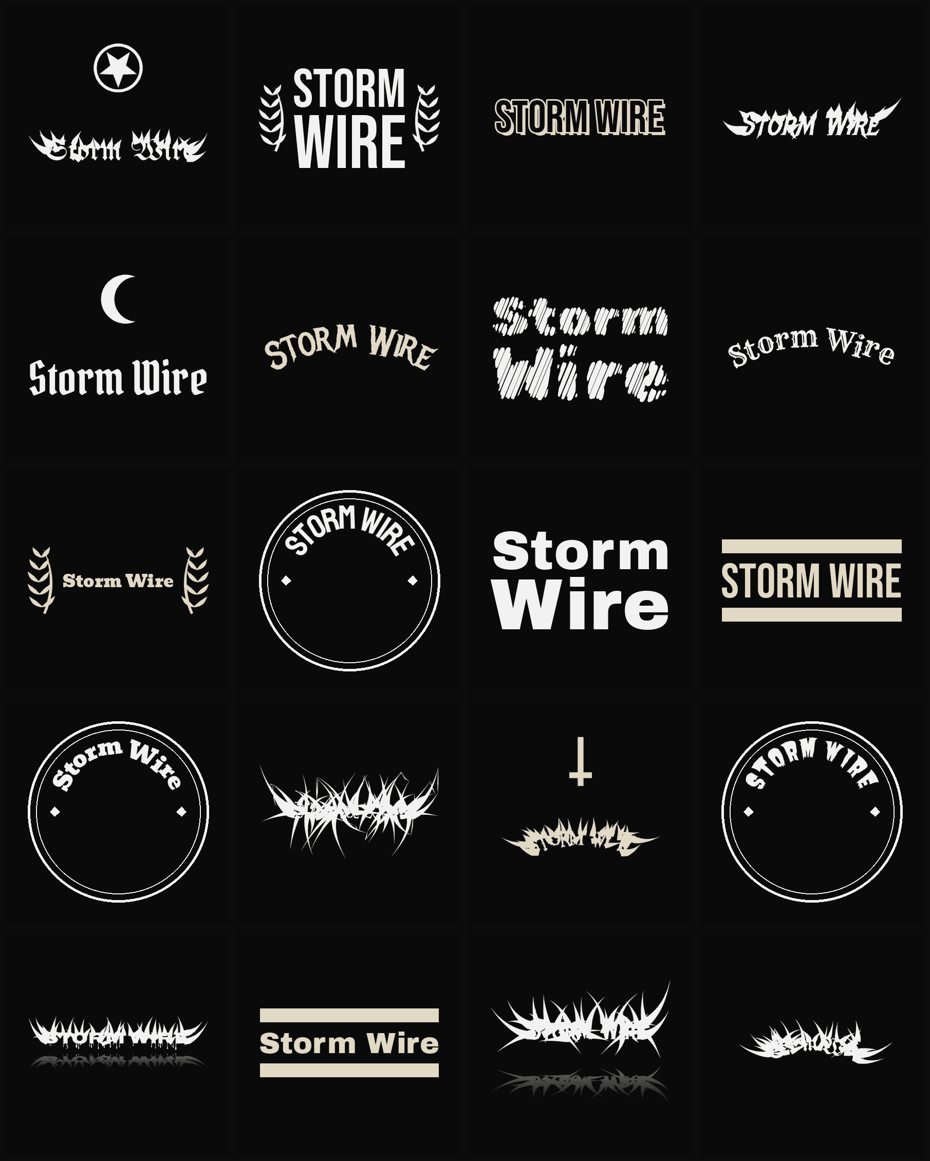 Twenty Storm Wire band logo ideas — different faces, treatments and spike settings