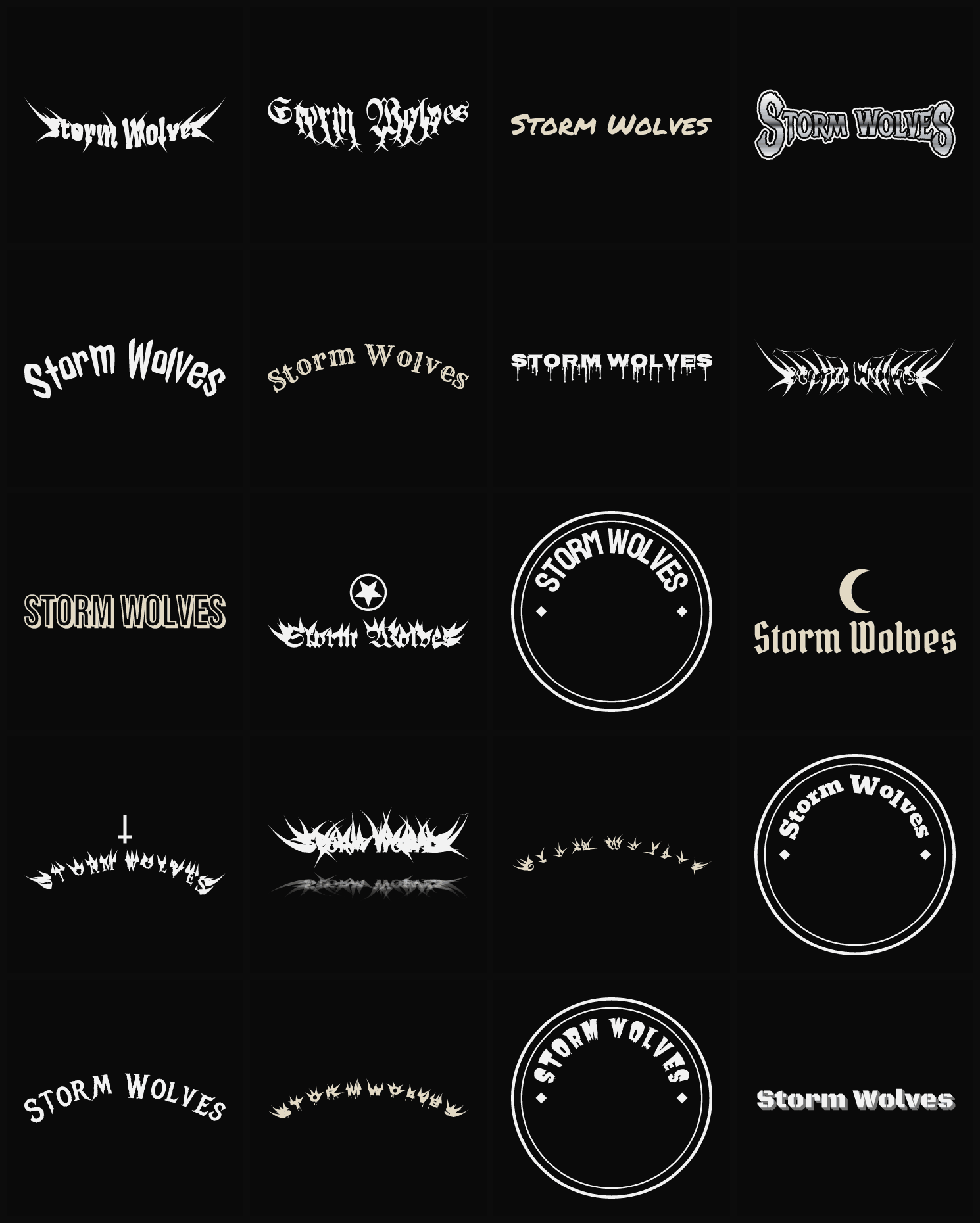 Twenty Storm Wolves band logo ideas — different faces, treatments and spike settings