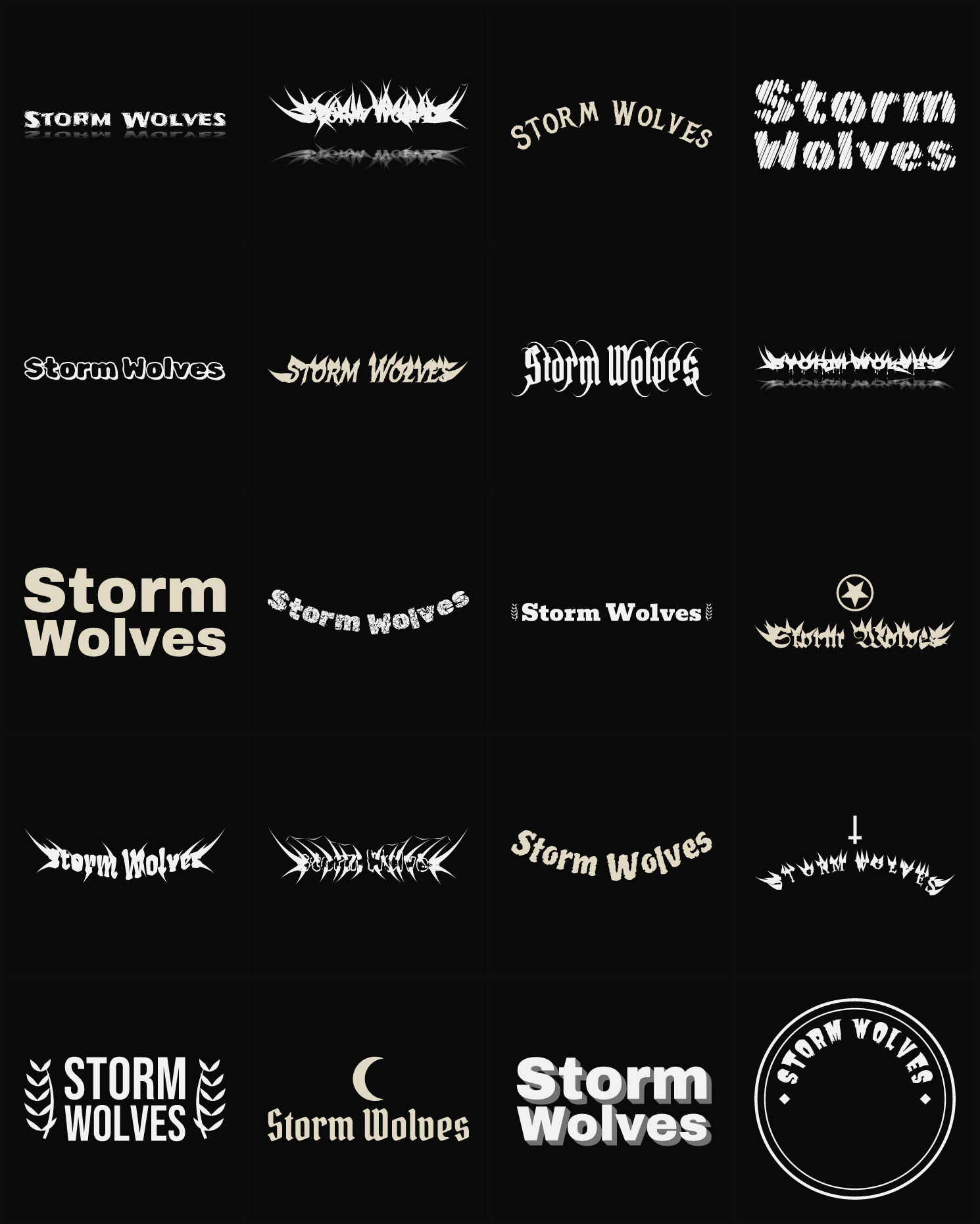 Twenty Storm Wolves band logo ideas — different faces, treatments and spike settings