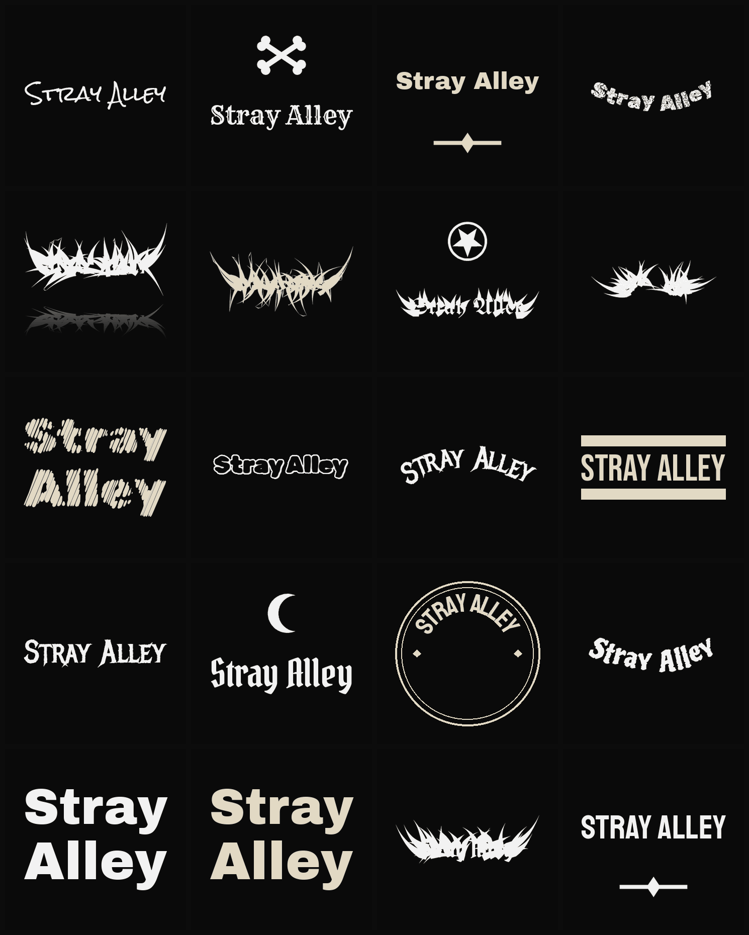 Twenty Stray Alley band logo ideas — different faces, treatments and spike settings