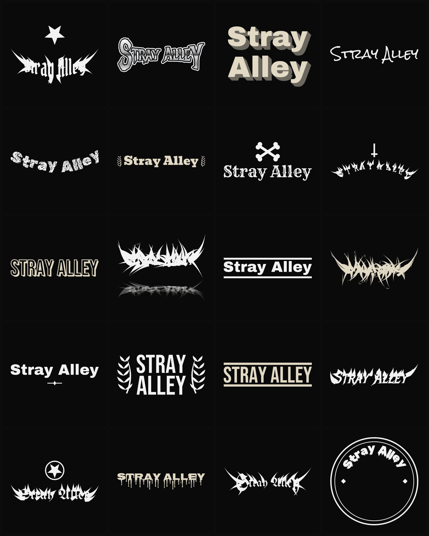 Twenty Stray Alley band logo ideas — different faces, treatments and spike settings