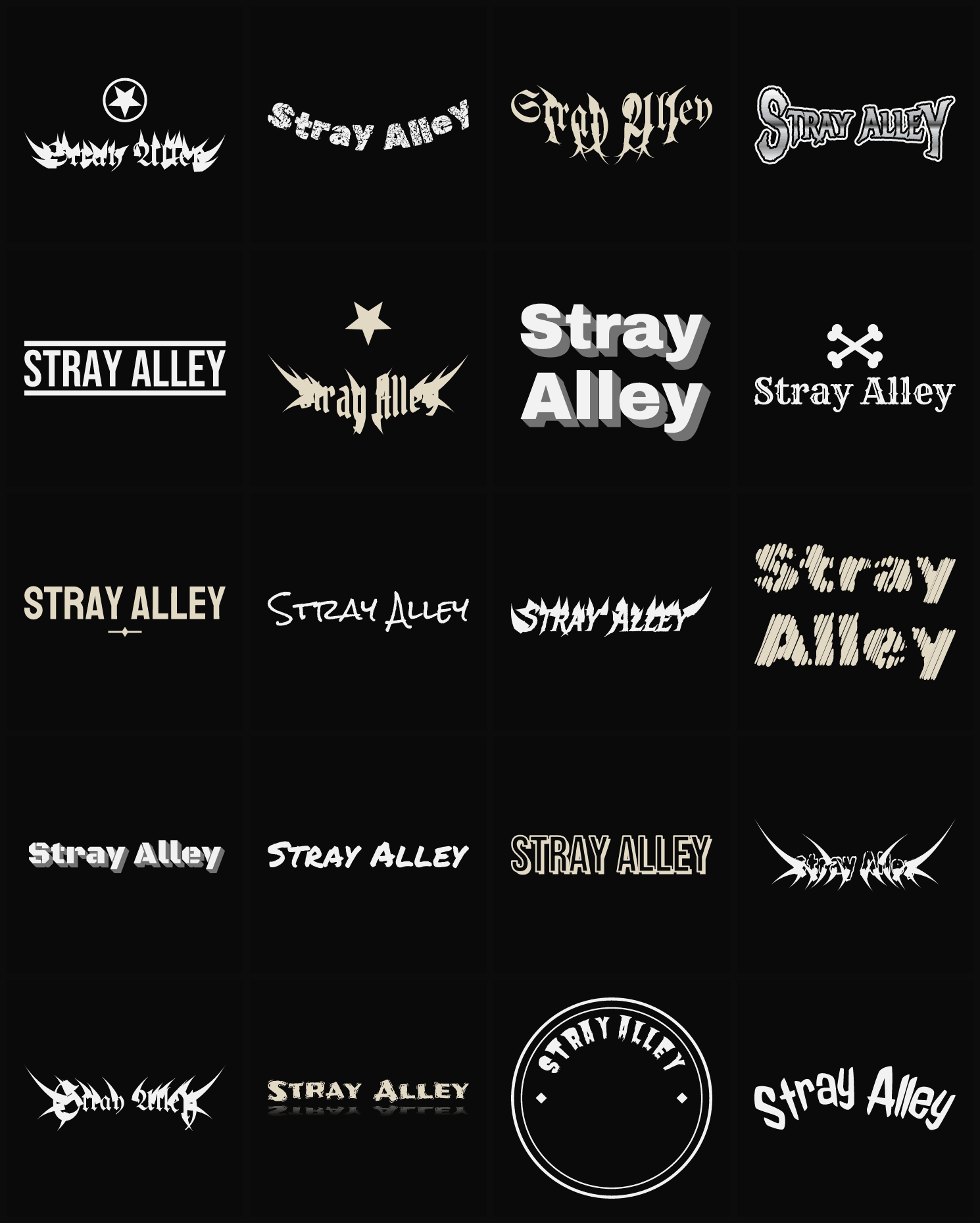 Twenty Stray Alley band logo ideas — different faces, treatments and spike settings