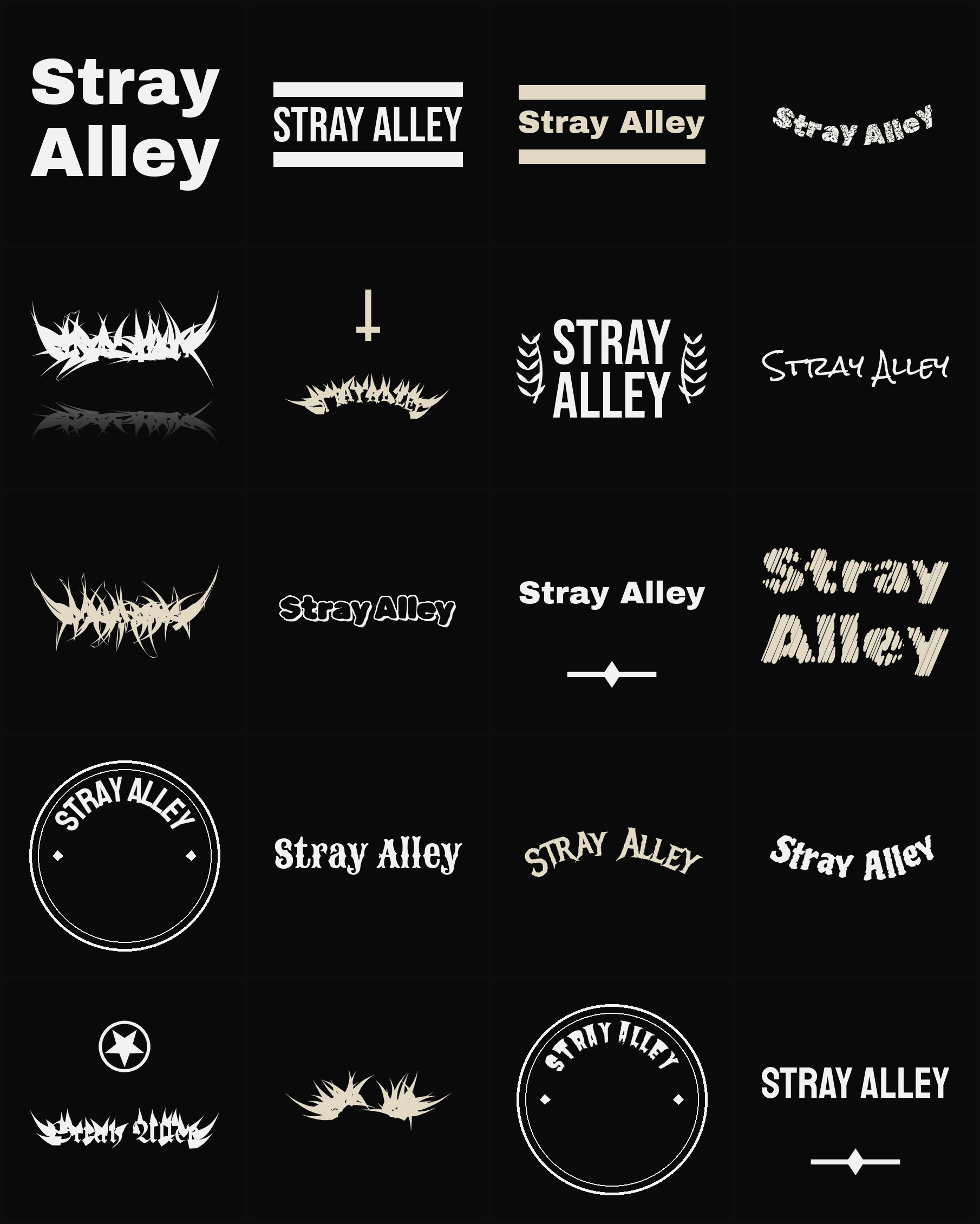 Twenty Stray Alley band logo ideas — different faces, treatments and spike settings