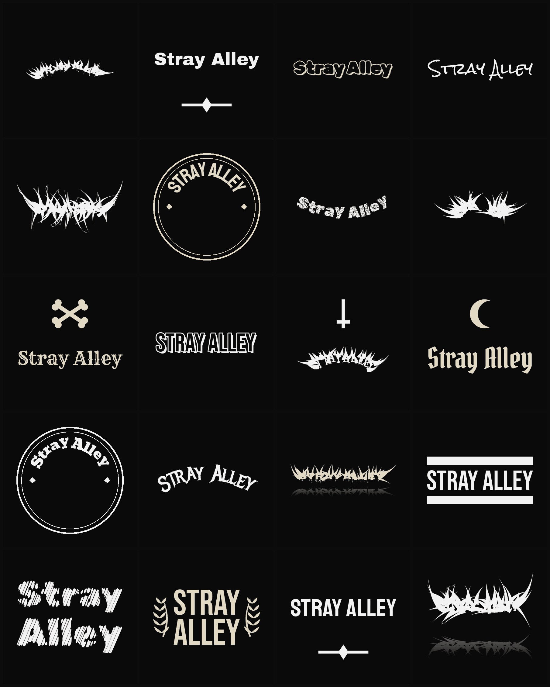 Twenty Stray Alley band logo ideas — different faces, treatments and spike settings
