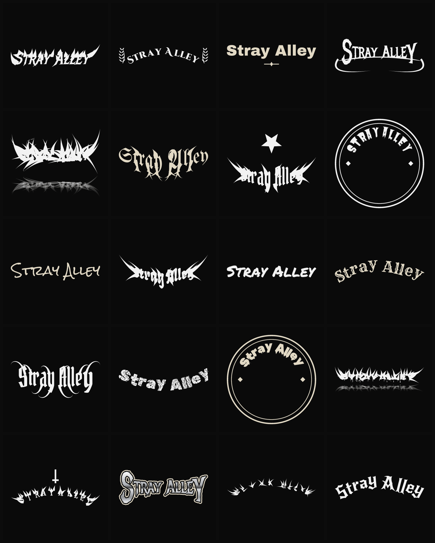 Twenty Stray Alley band logo ideas — different faces, treatments and spike settings