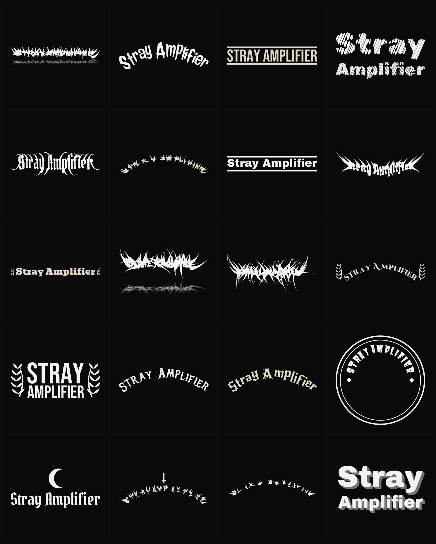 Twenty Stray Amplifier band logo ideas — different faces, treatments and spike settings