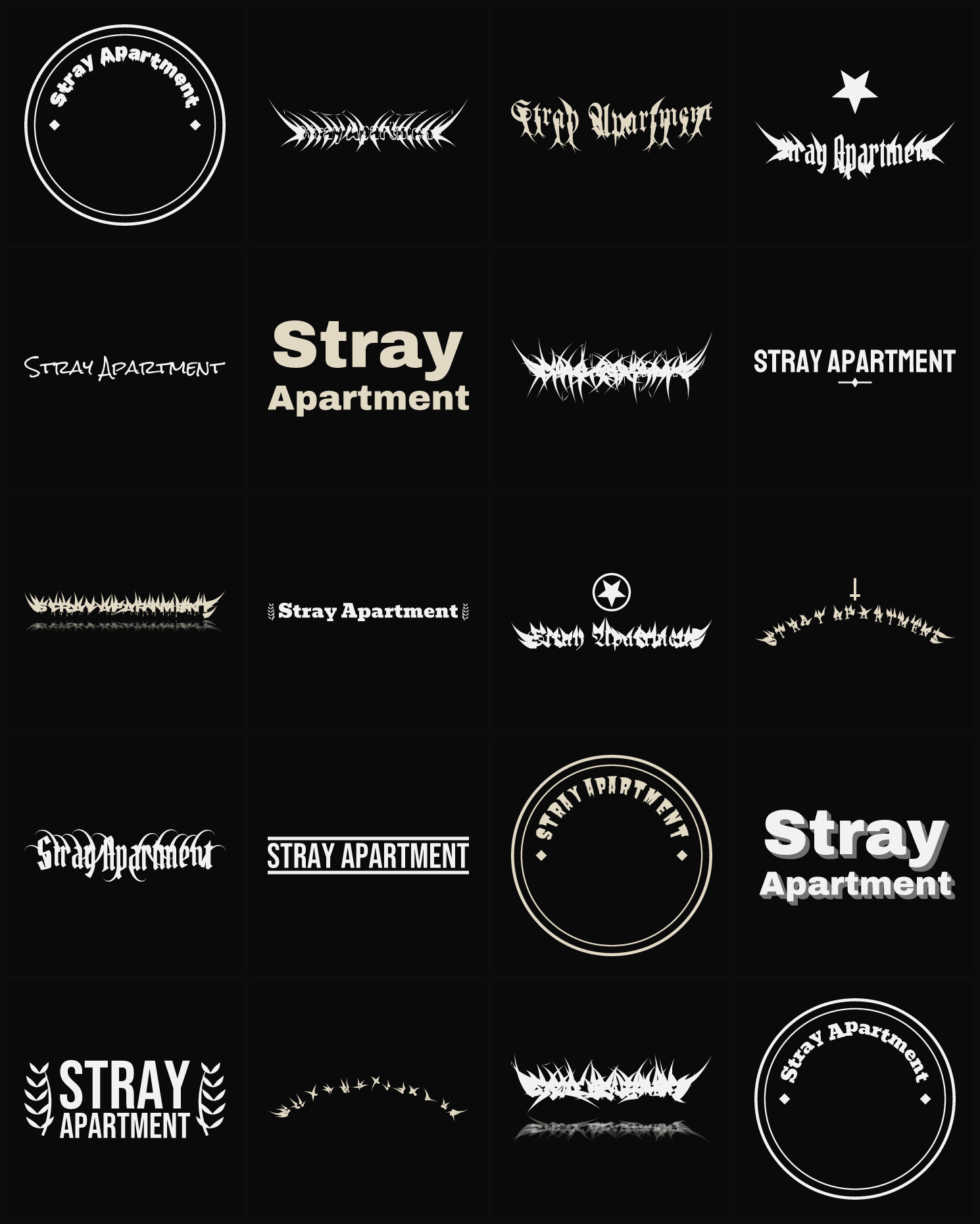 Twenty Stray Apartment band logo ideas — different faces, treatments and spike settings