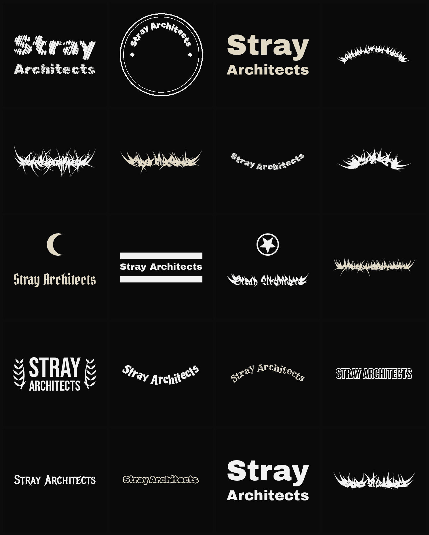 Twenty Stray Architects band logo ideas — different faces, treatments and spike settings