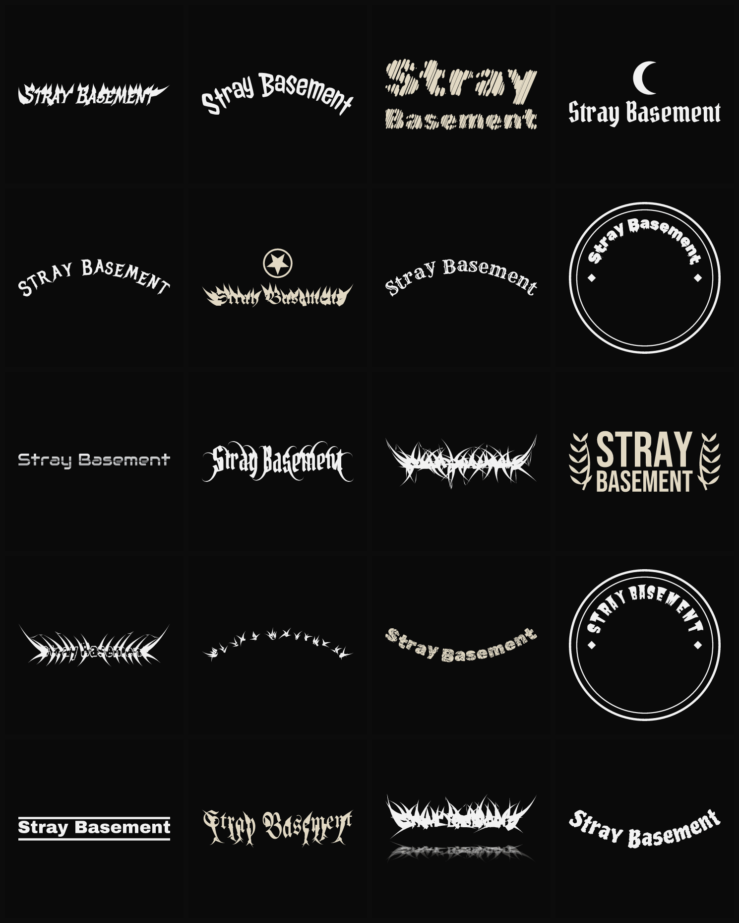 Twenty Stray Basement band logo ideas — different faces, treatments and spike settings