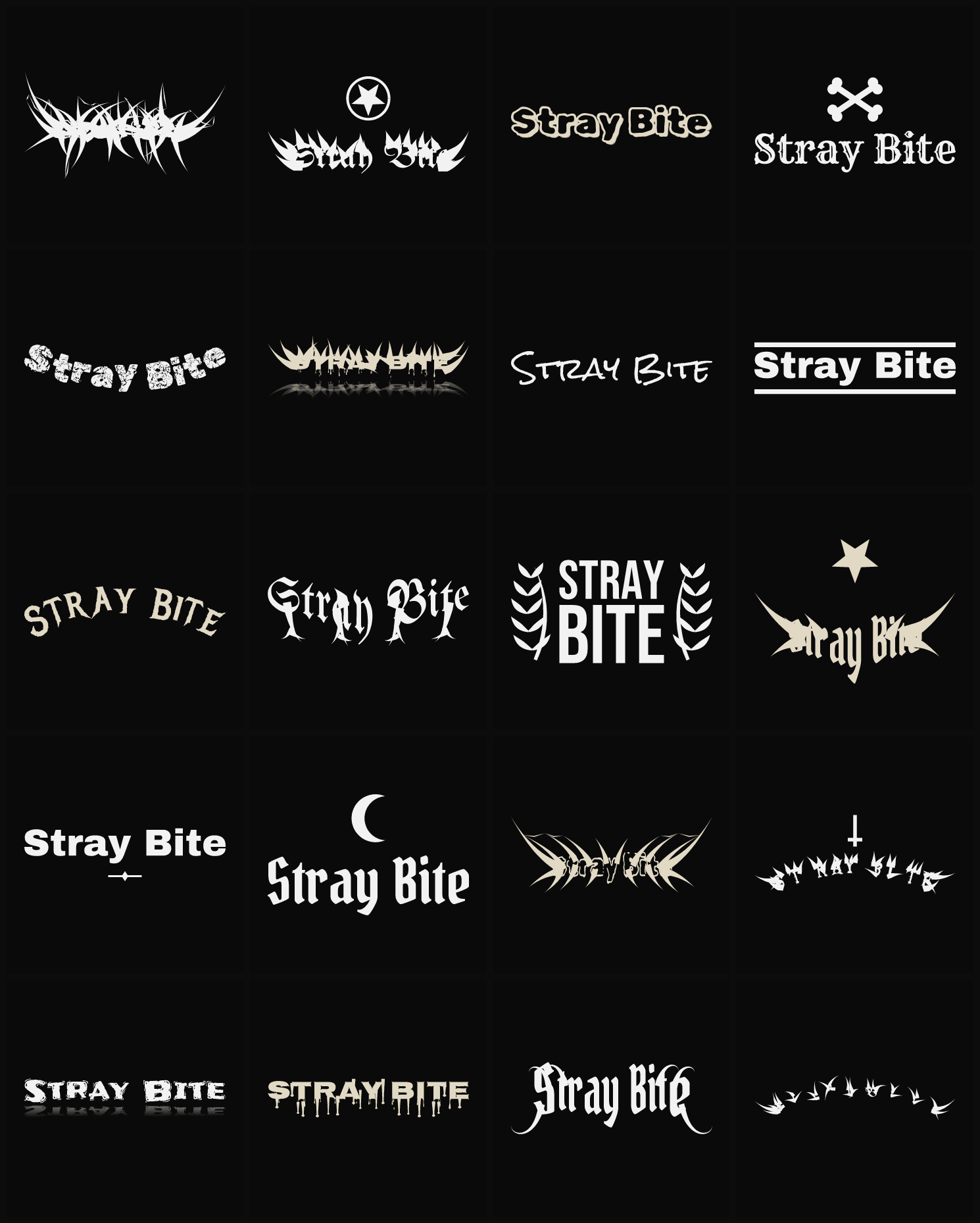 Twenty Stray Bite band logo ideas — different faces, treatments and spike settings