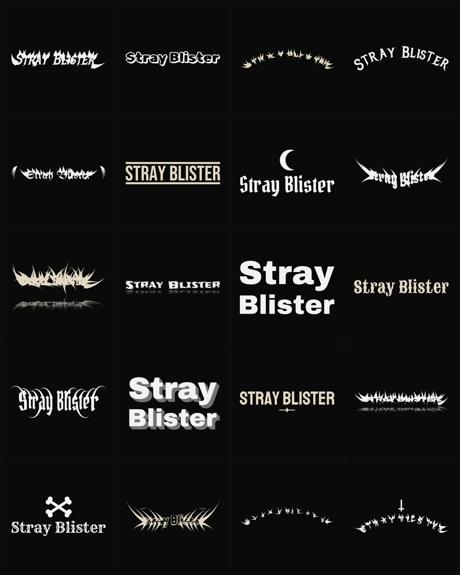 Twenty Stray Blister band logo ideas — different faces, treatments and spike settings