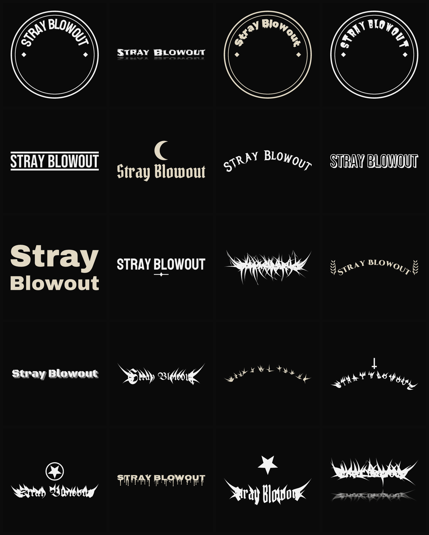 Twenty Stray Blowout band logo ideas — different faces, treatments and spike settings