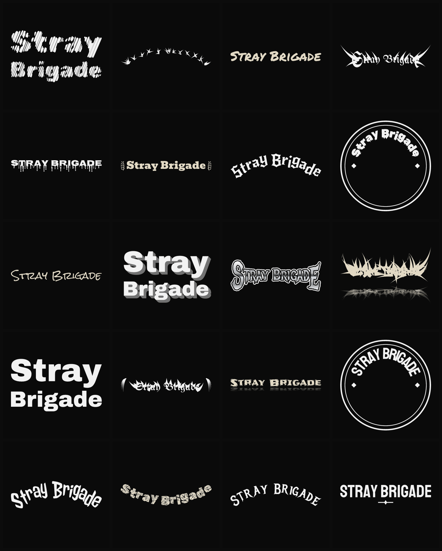 Twenty Stray Brigade band logo ideas — different faces, treatments and spike settings