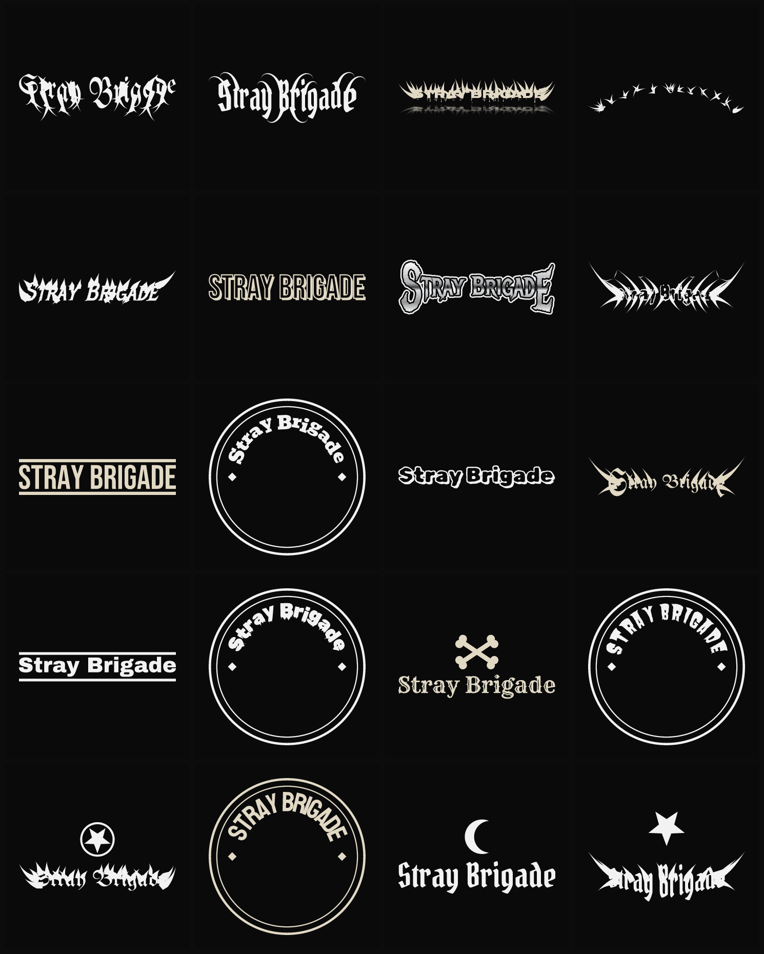 Twenty Stray Brigade band logo ideas — different faces, treatments and spike settings