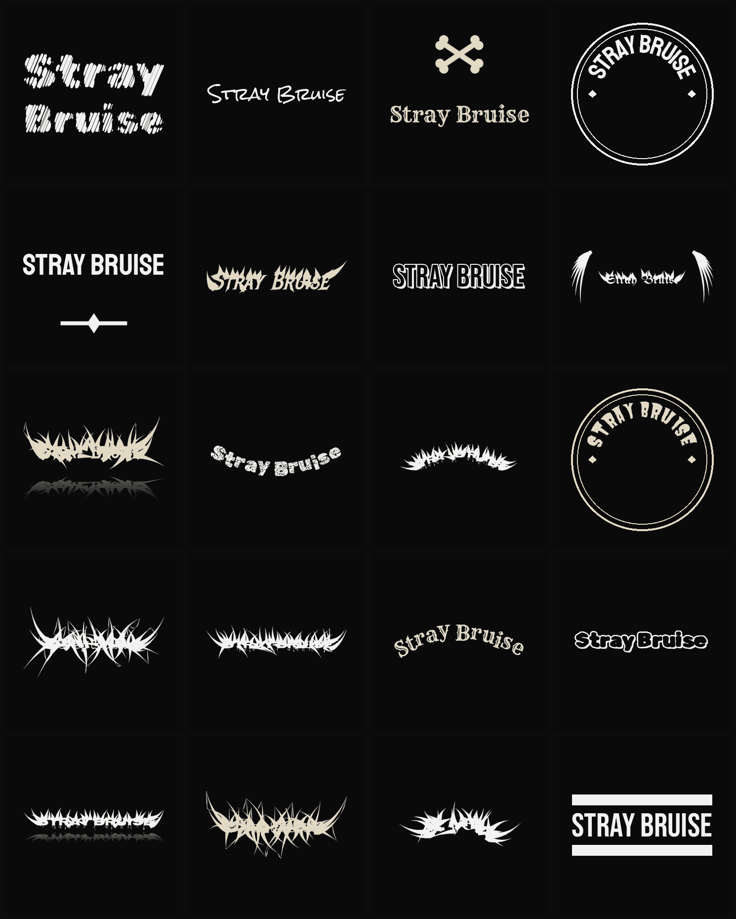 Twenty Stray Bruise band logo ideas — different faces, treatments and spike settings