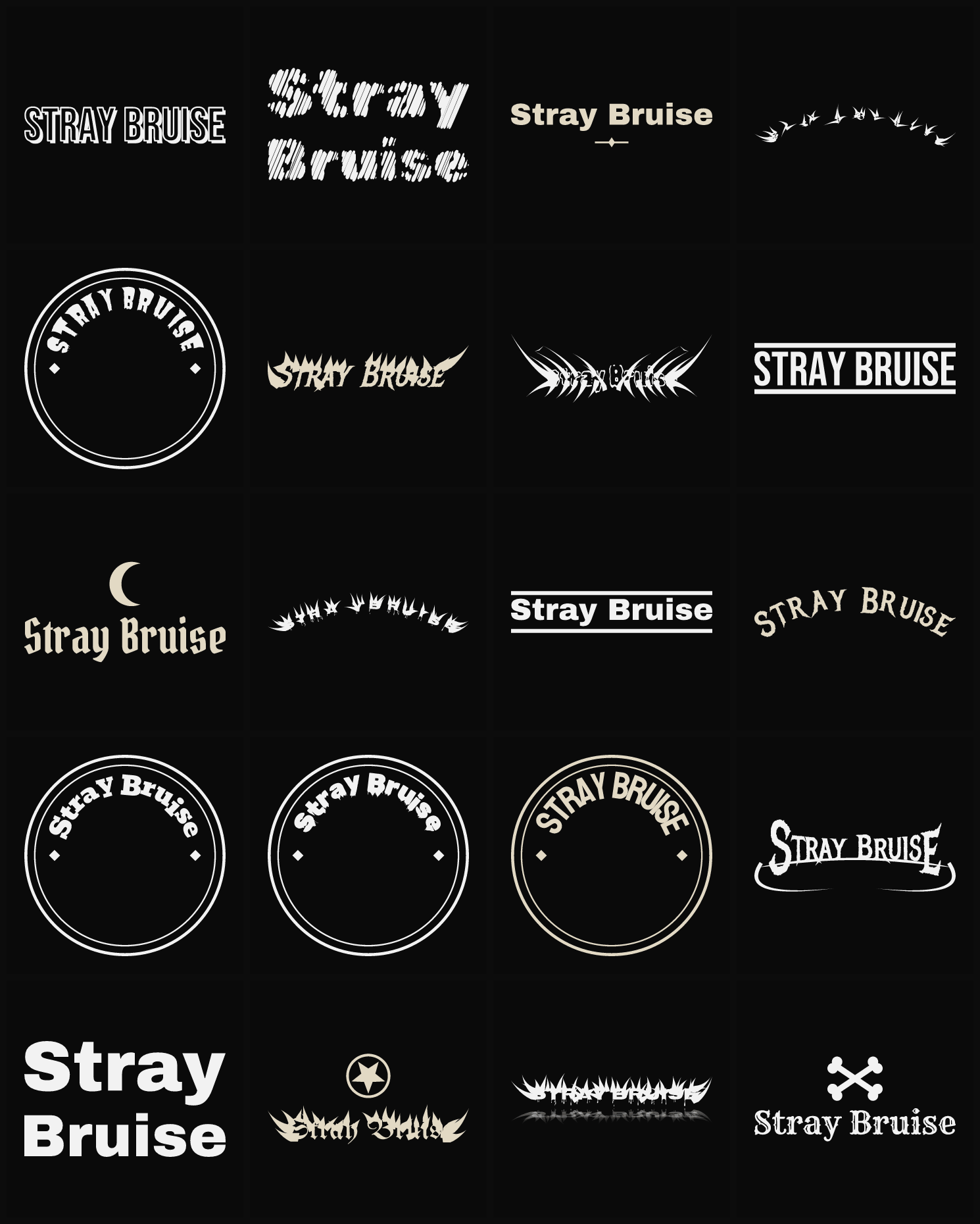 Twenty Stray Bruise band logo ideas — different faces, treatments and spike settings