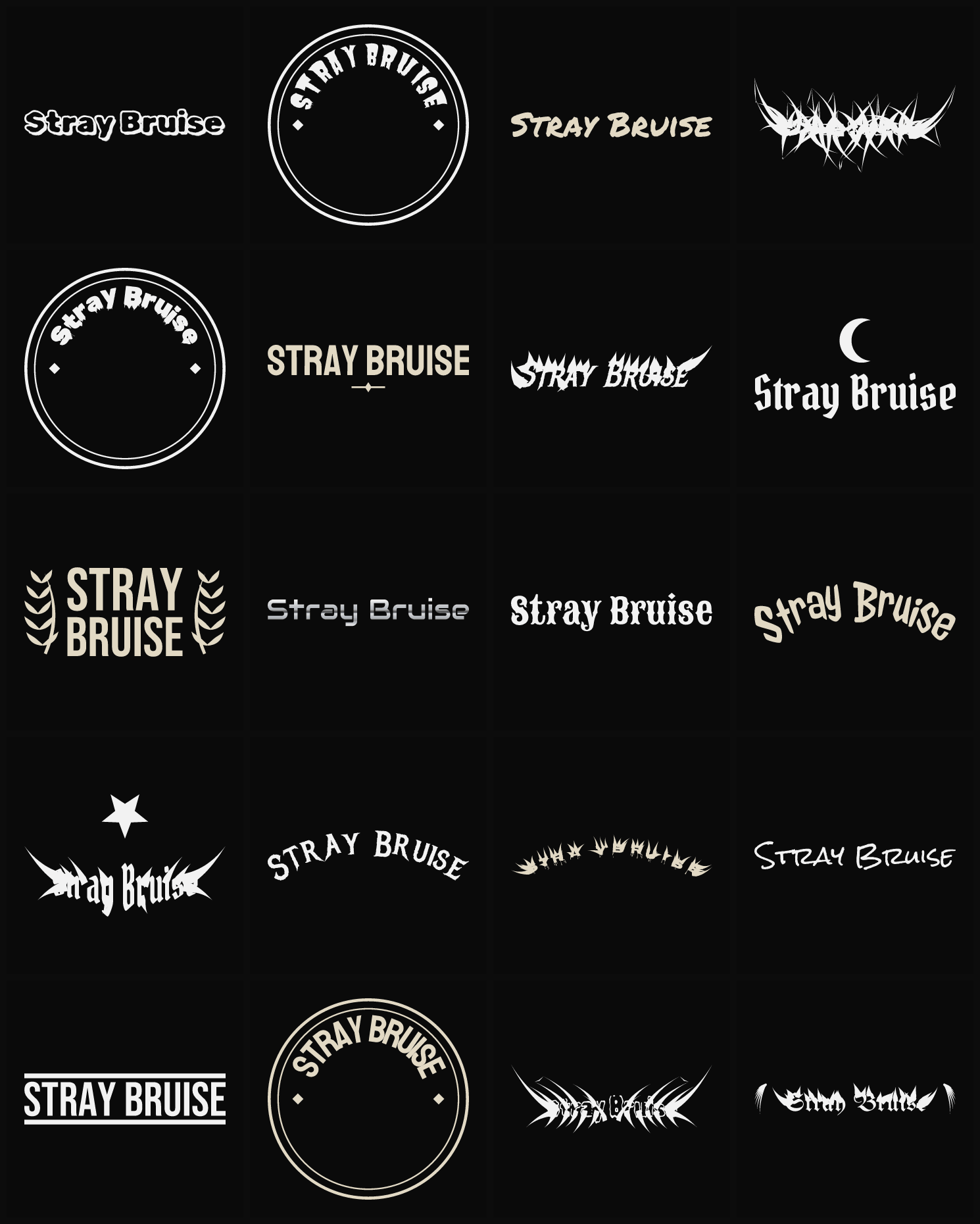 Twenty Stray Bruise band logo ideas — different faces, treatments and spike settings