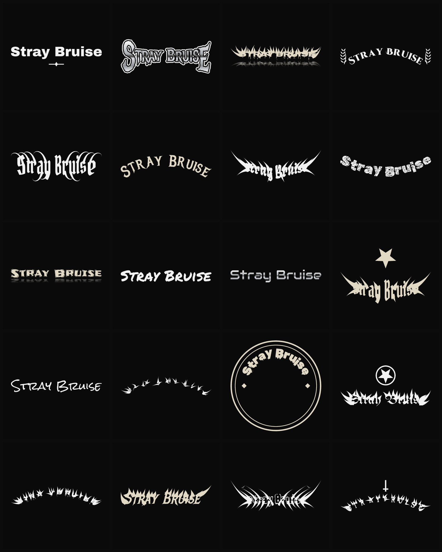 Twenty Stray Bruise band logo ideas — different faces, treatments and spike settings
