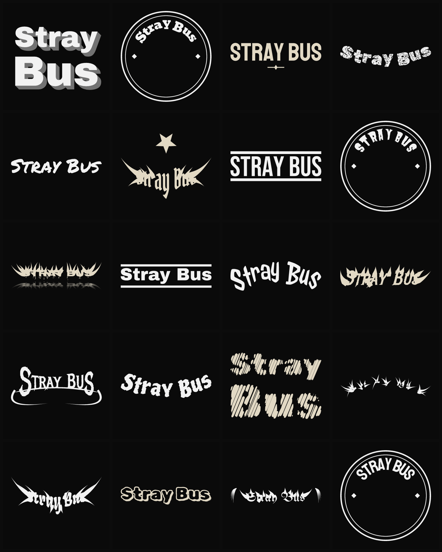 Twenty Stray Bus band logo ideas — different faces, treatments and spike settings
