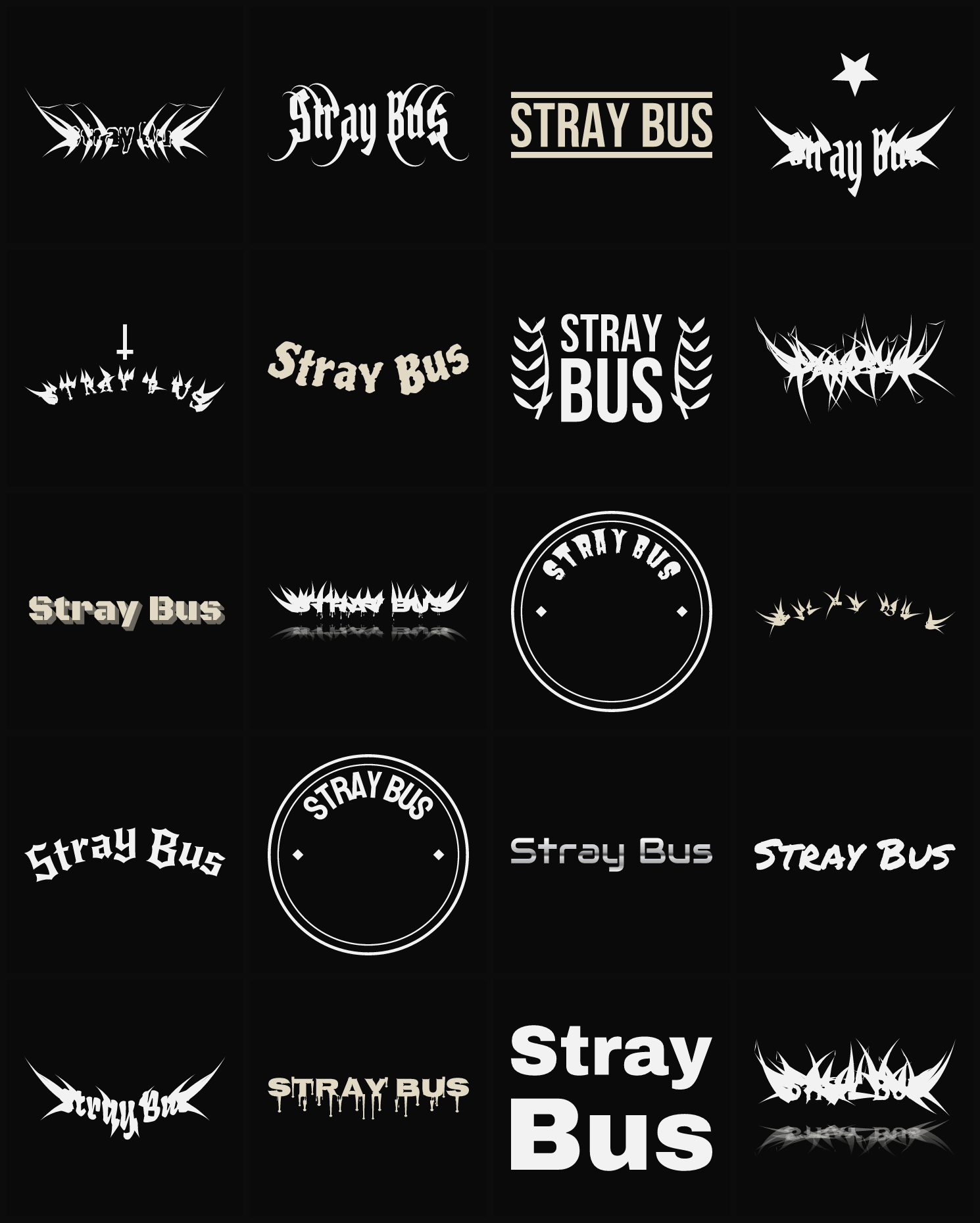 Twenty Stray Bus band logo ideas — different faces, treatments and spike settings