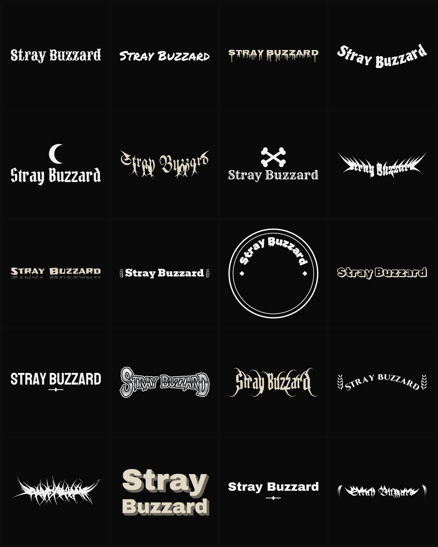 Twenty Stray Buzzard band logo ideas — different faces, treatments and spike settings