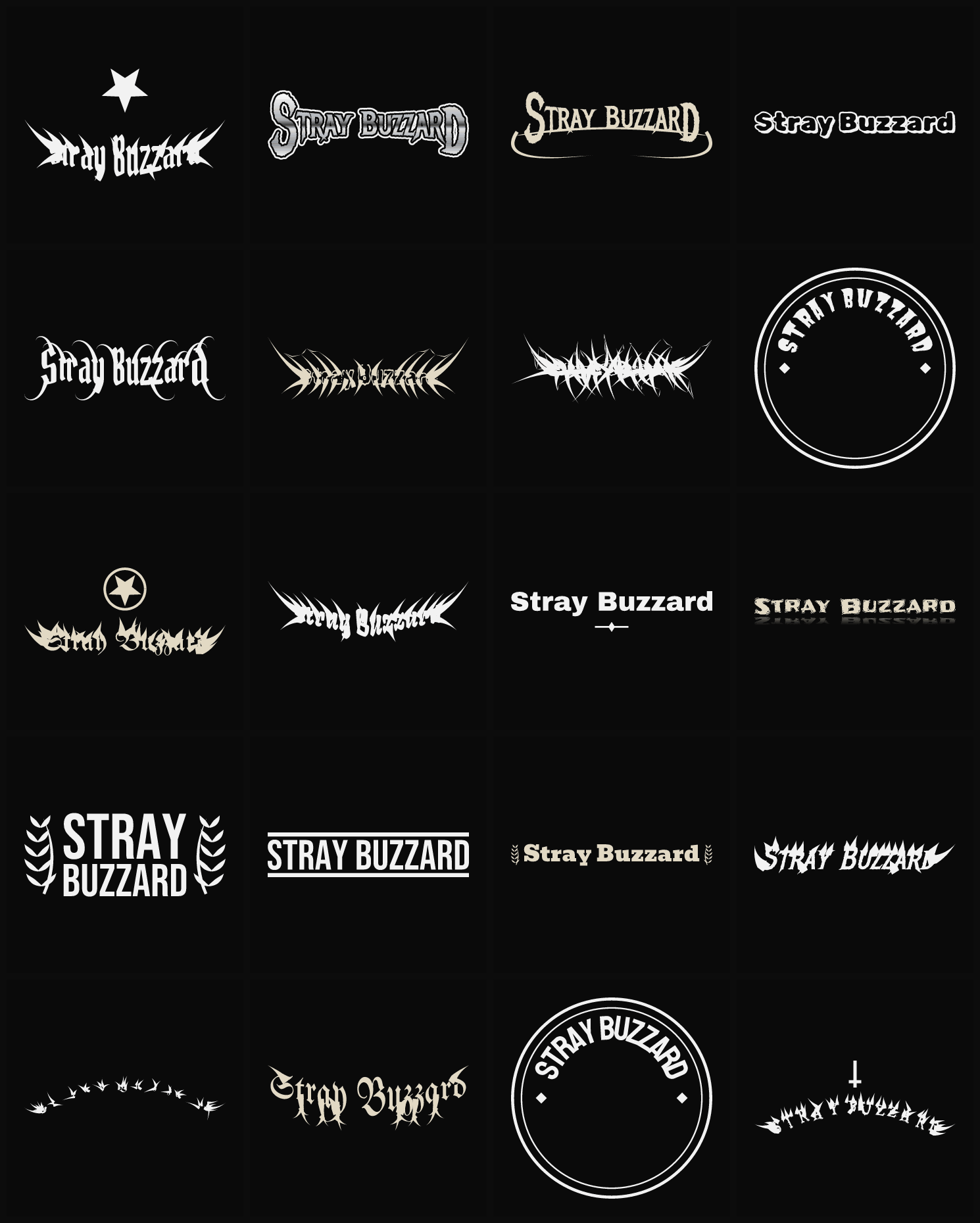 Twenty Stray Buzzard band logo ideas — different faces, treatments and spike settings