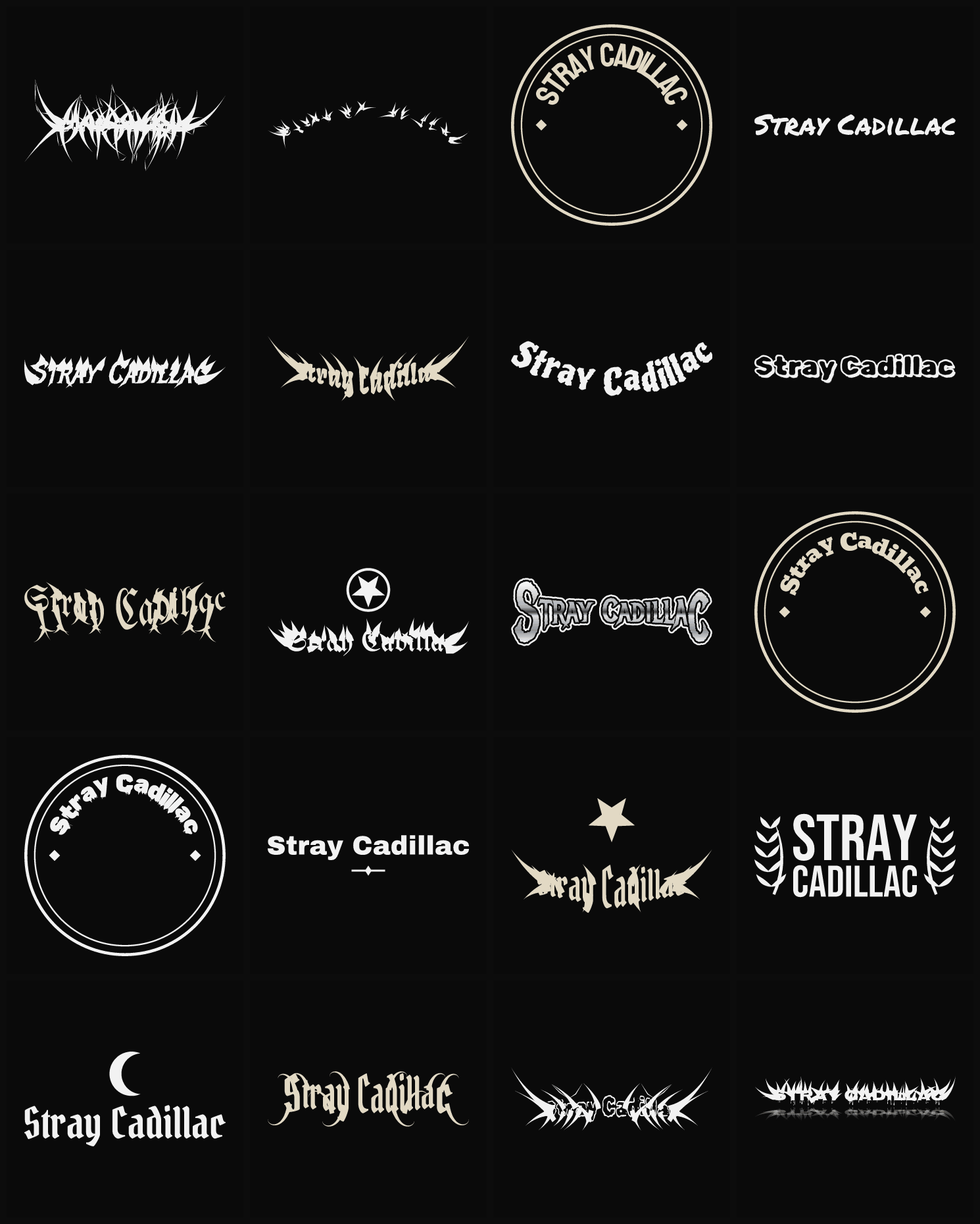 Twenty Stray Cadillac band logo ideas — different faces, treatments and spike settings