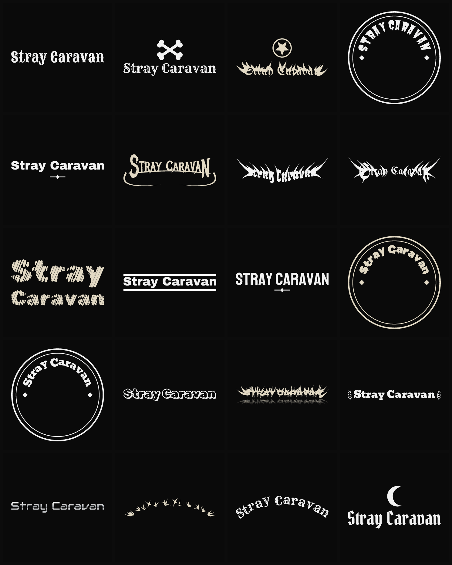 Twenty Stray Caravan band logo ideas — different faces, treatments and spike settings