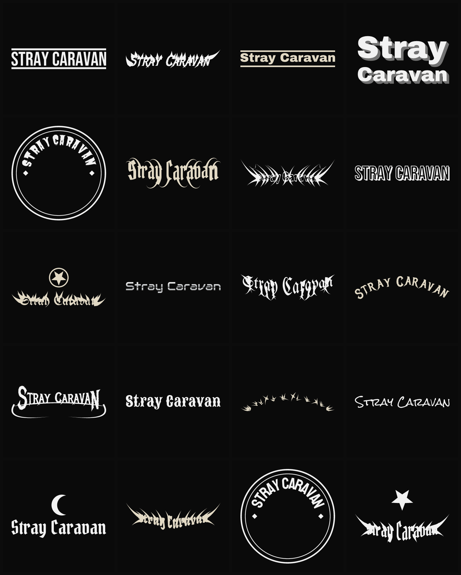Twenty Stray Caravan band logo ideas — different faces, treatments and spike settings