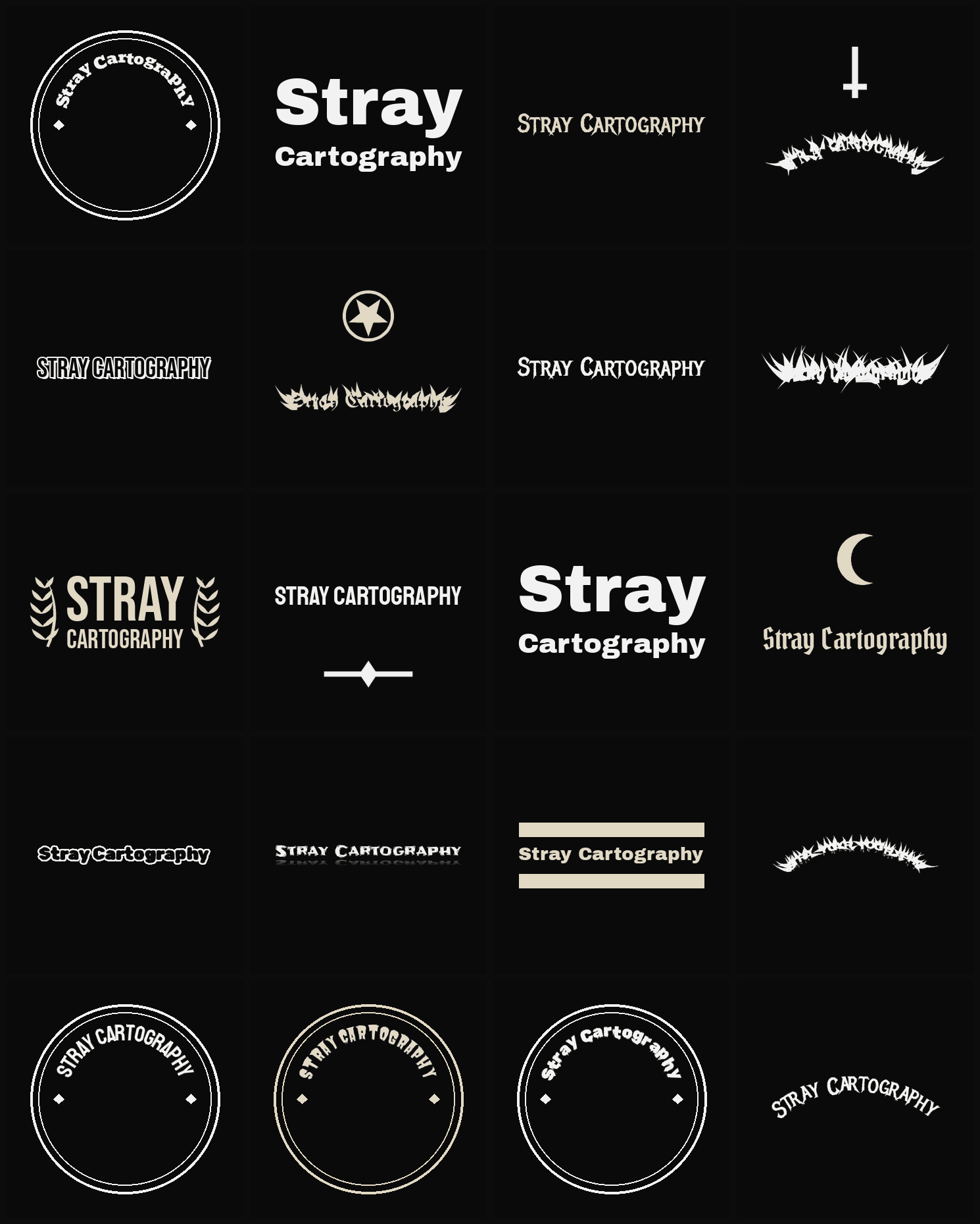 Twenty Stray Cartography band logo ideas — different faces, treatments and spike settings