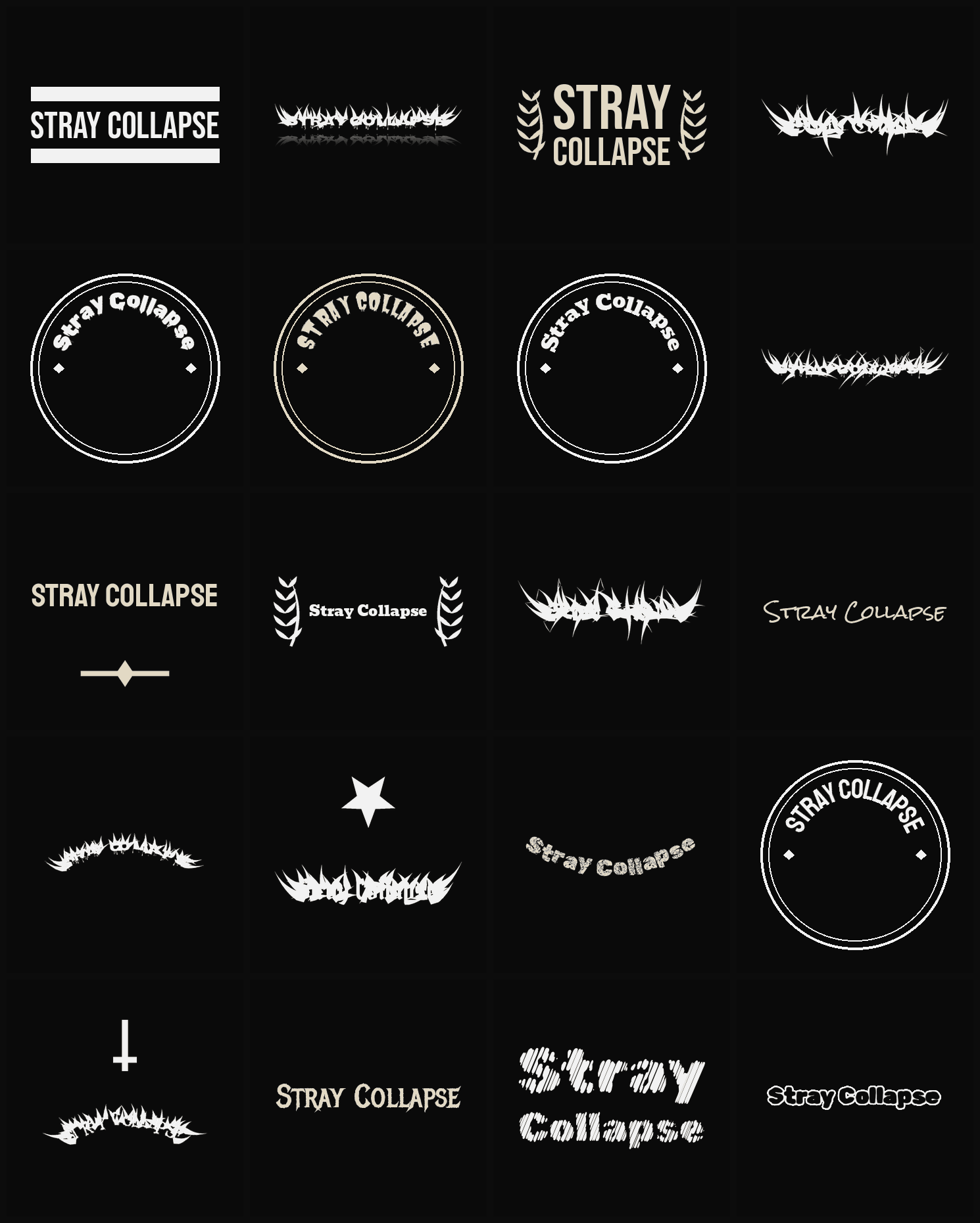 Twenty Stray Collapse band logo ideas — different faces, treatments and spike settings