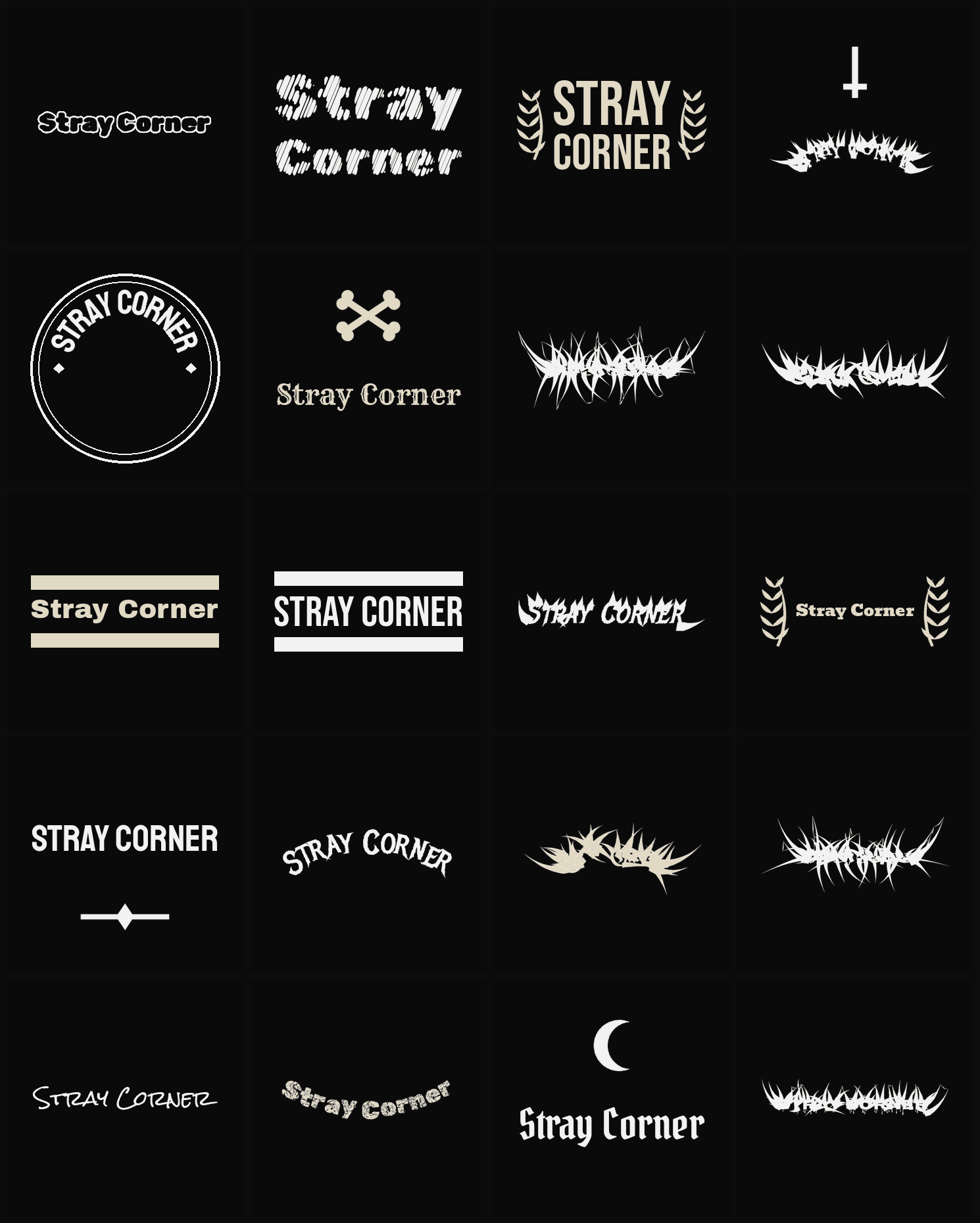 Twenty Stray Corner band logo ideas — different faces, treatments and spike settings