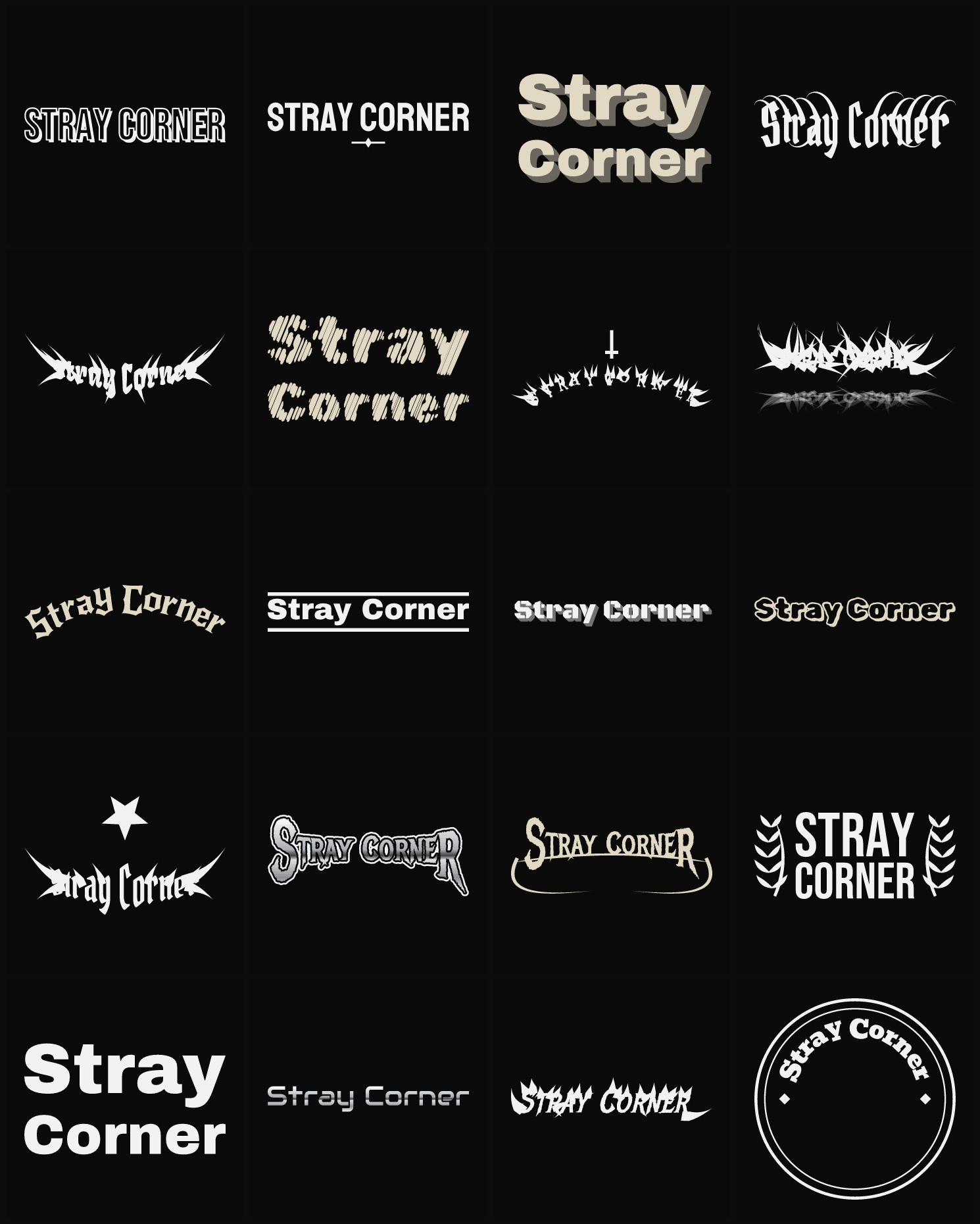Twenty Stray Corner band logo ideas — different faces, treatments and spike settings