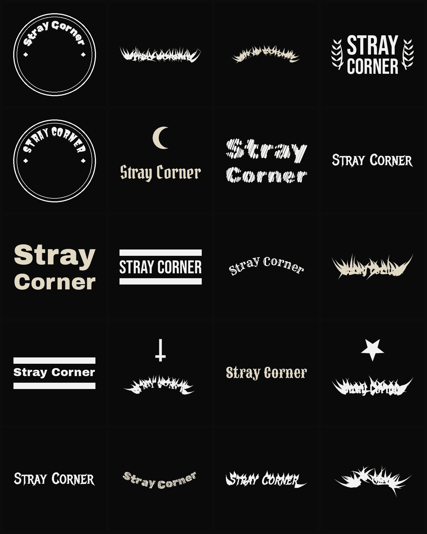 Twenty Stray Corner band logo ideas — different faces, treatments and spike settings