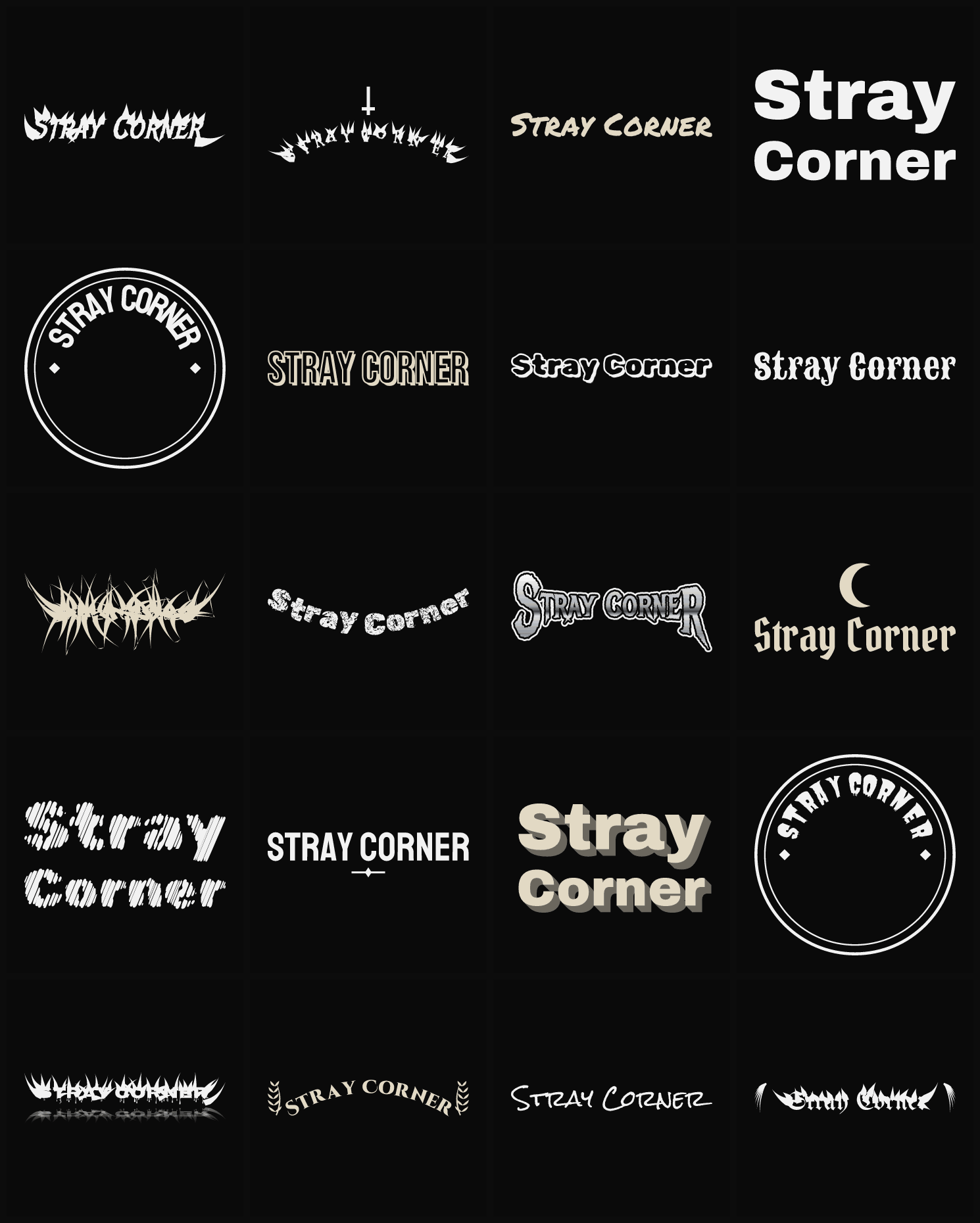 Twenty Stray Corner band logo ideas — different faces, treatments and spike settings
