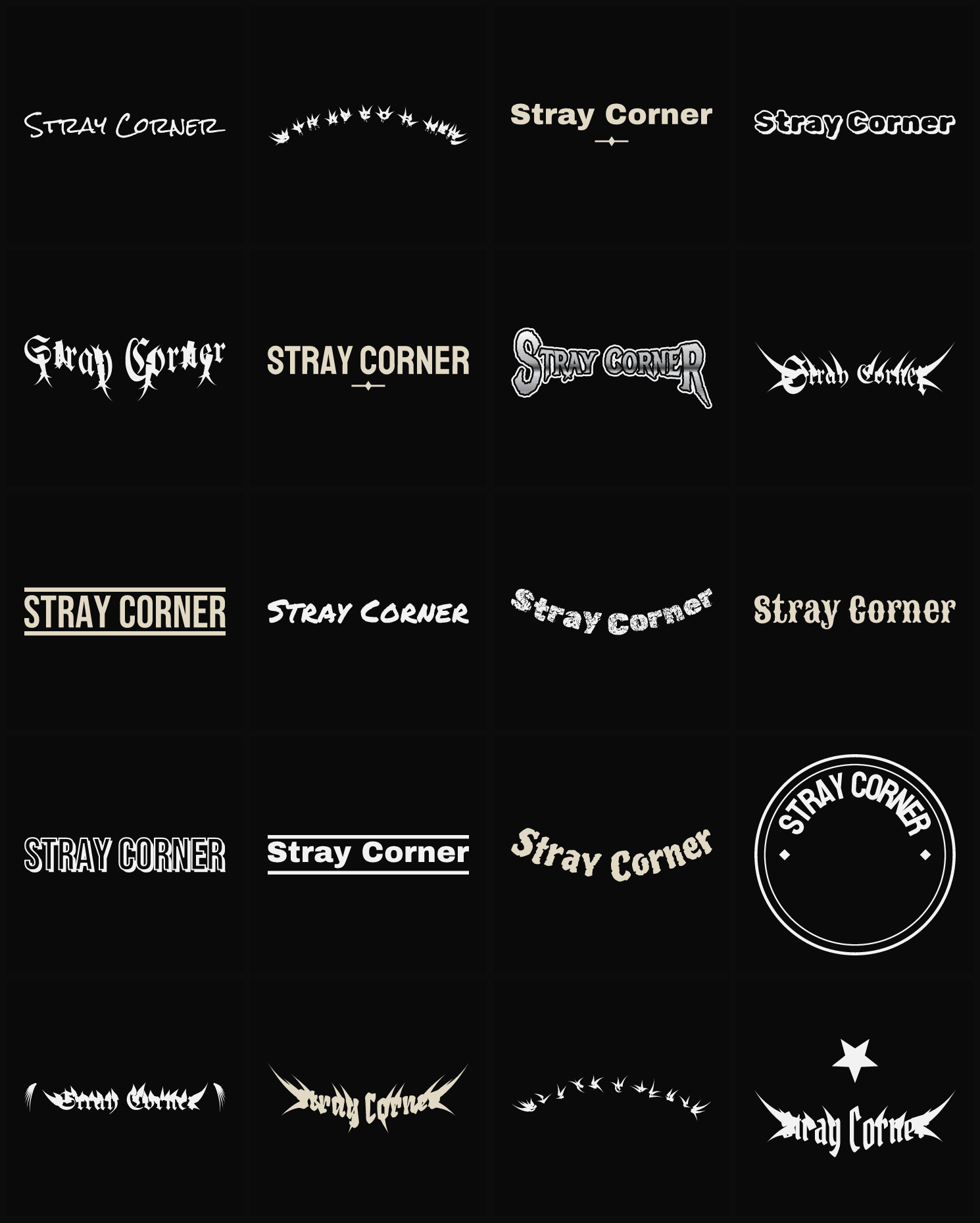 Twenty Stray Corner band logo ideas — different faces, treatments and spike settings