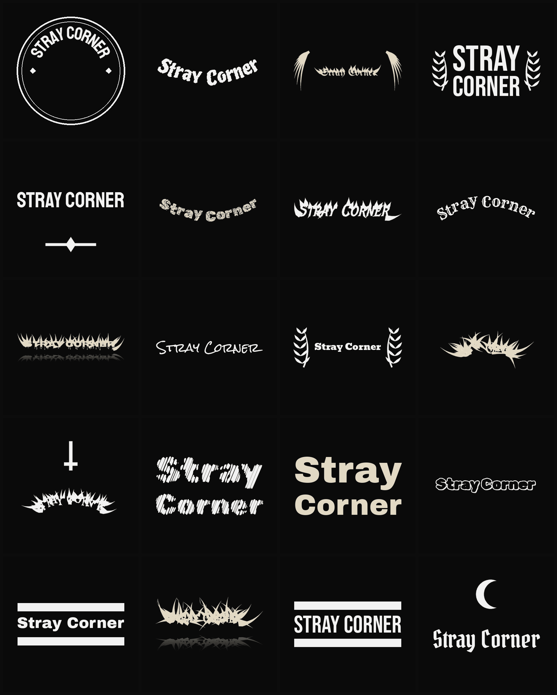 Twenty Stray Corner band logo ideas — different faces, treatments and spike settings